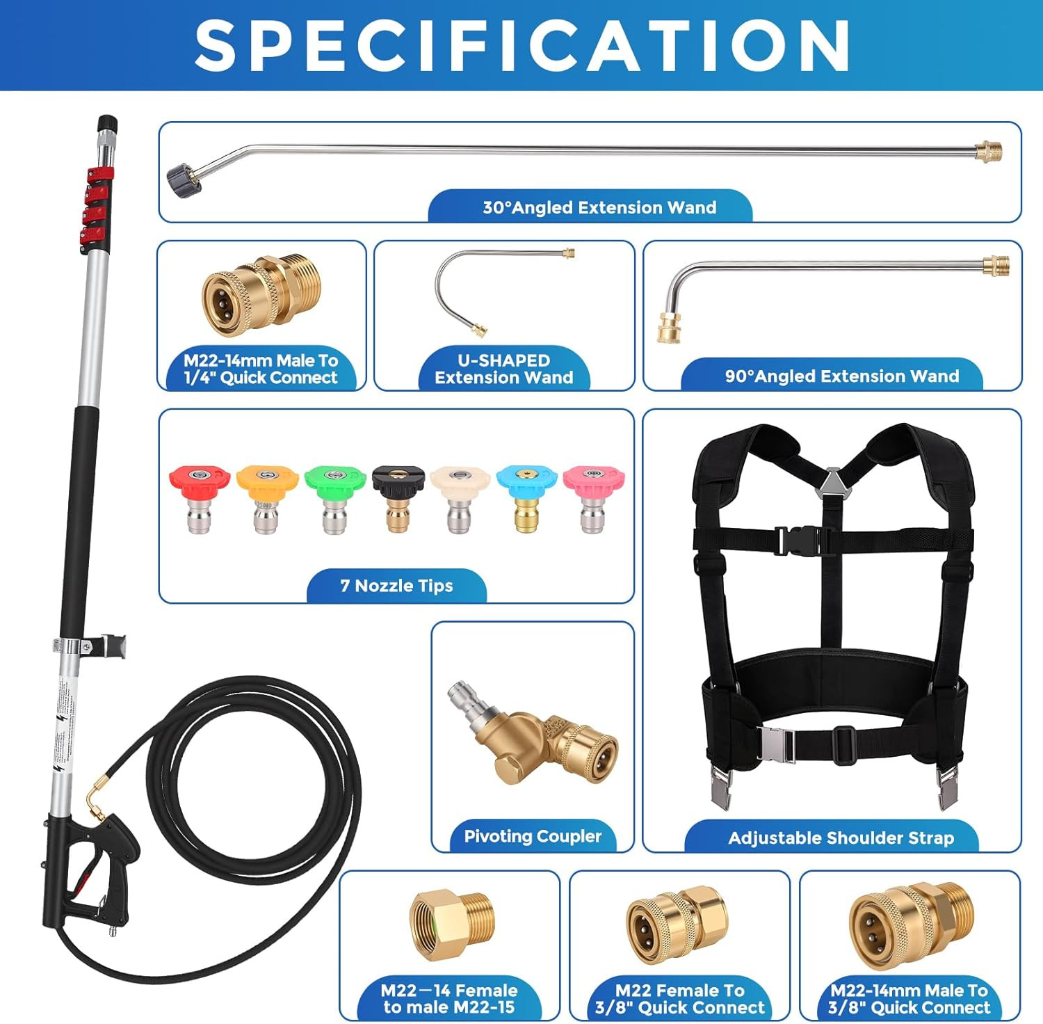 24 FT Telescoping Pressure Washer Wand, Gutter Cleaning Tool | Pivoting Coupling