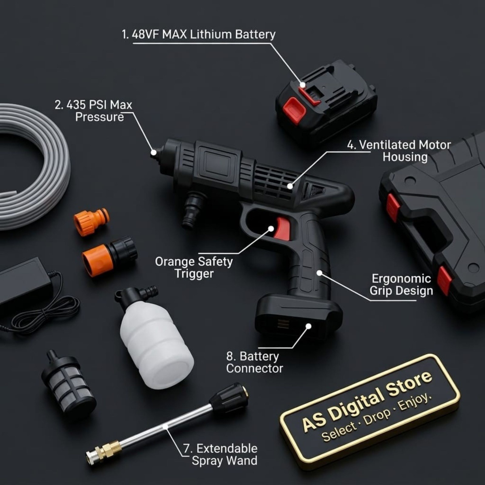 48V Cordless Electric Pressure Washer Gun 435 PSI Dual Battery Kit With Case