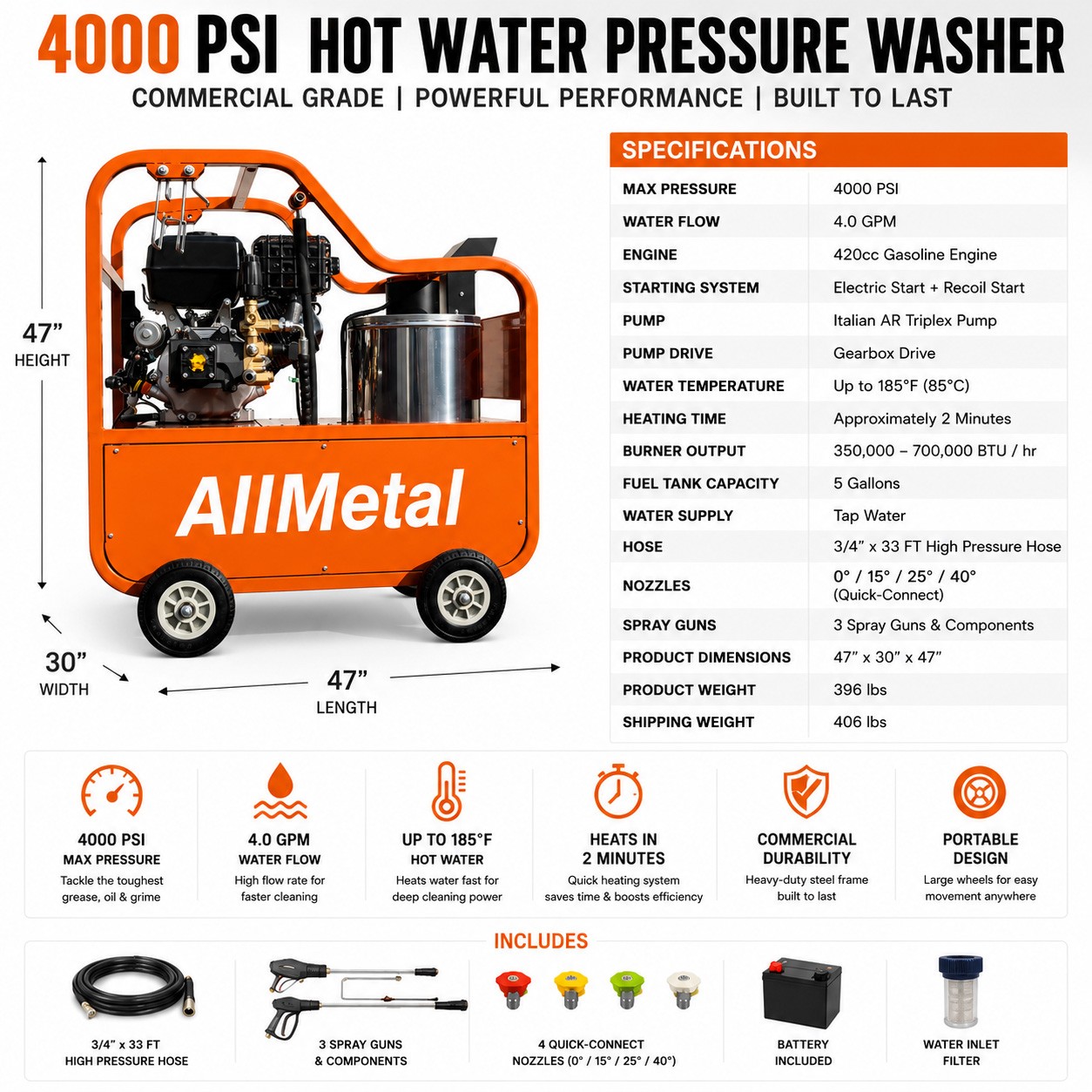 Commercial Hot Water Pressure Washer 4000 PSI 4.0 GPM 420cc Gas Electric Start