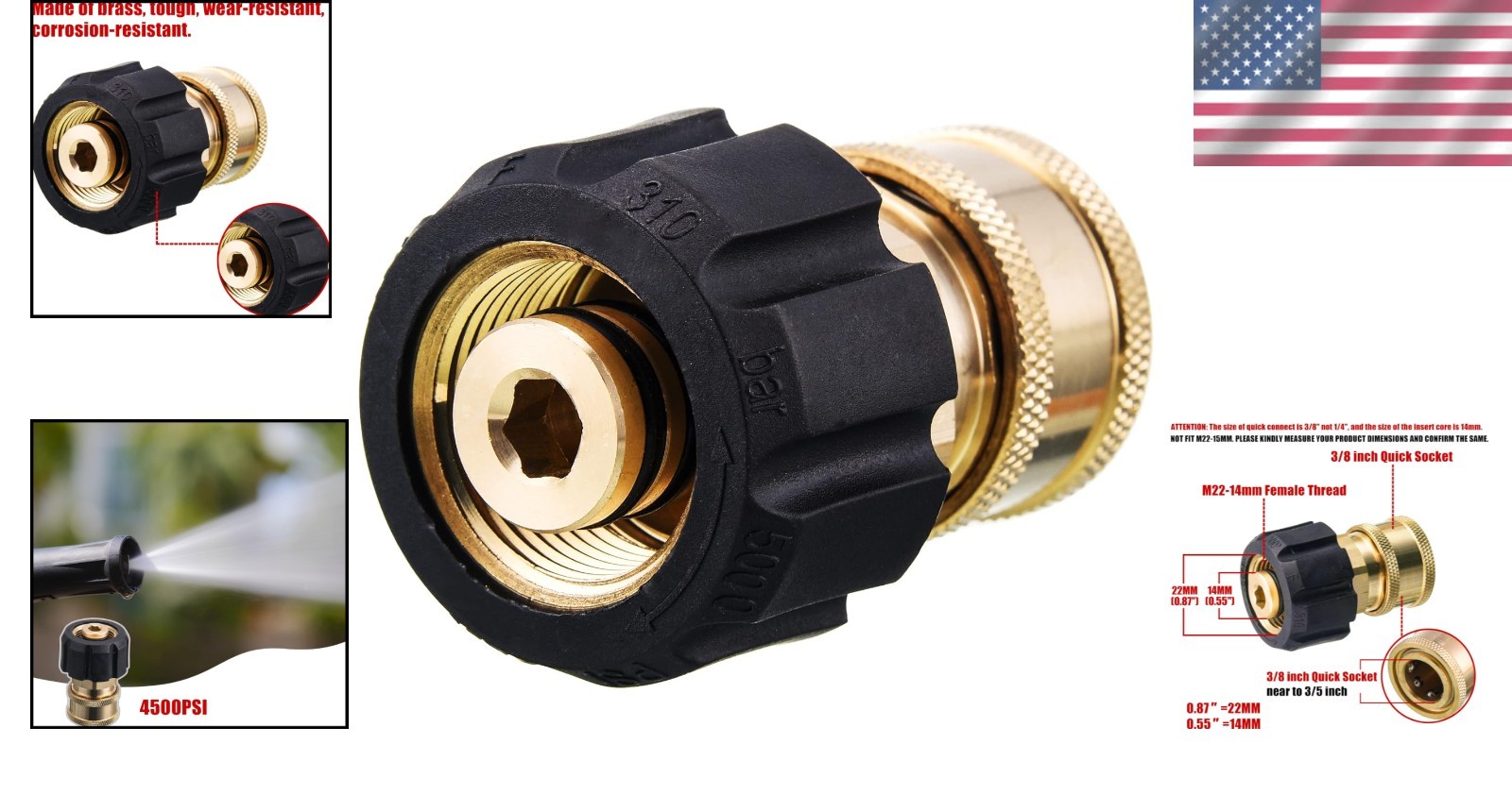 5000 PSI Quick Connect Adapter: 3/8 Inch Socket to M22 14mm Fitting for Washers