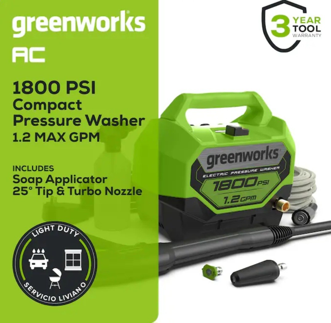 Greenworks GPW1805, 1800-PSI 1.2-GPM Cold Water Electric Pressure Washer, 2 Tip