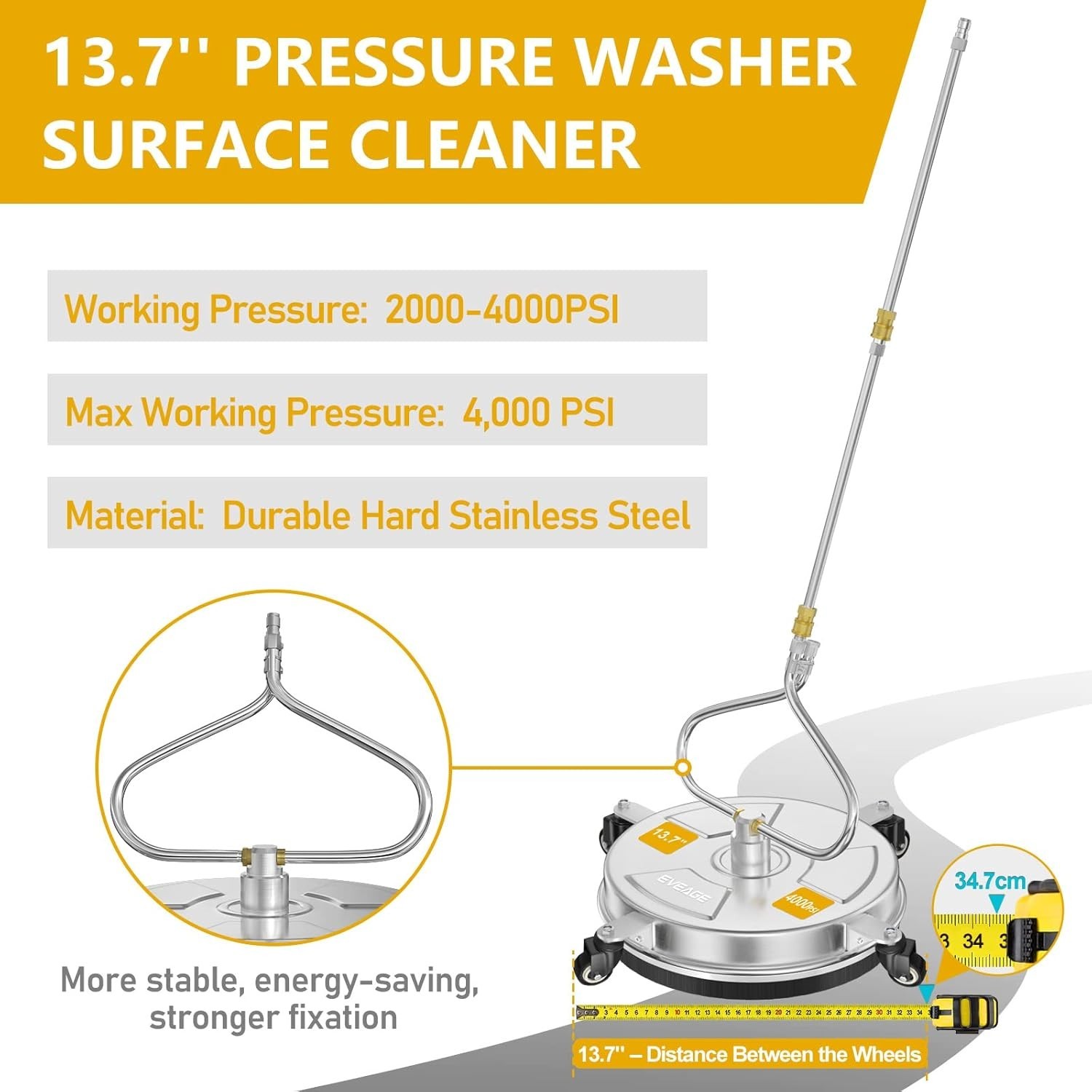 EP002 13.7″ Pressure Washer Surface Cleaner 4000PSI for Driveway/Sidewalk