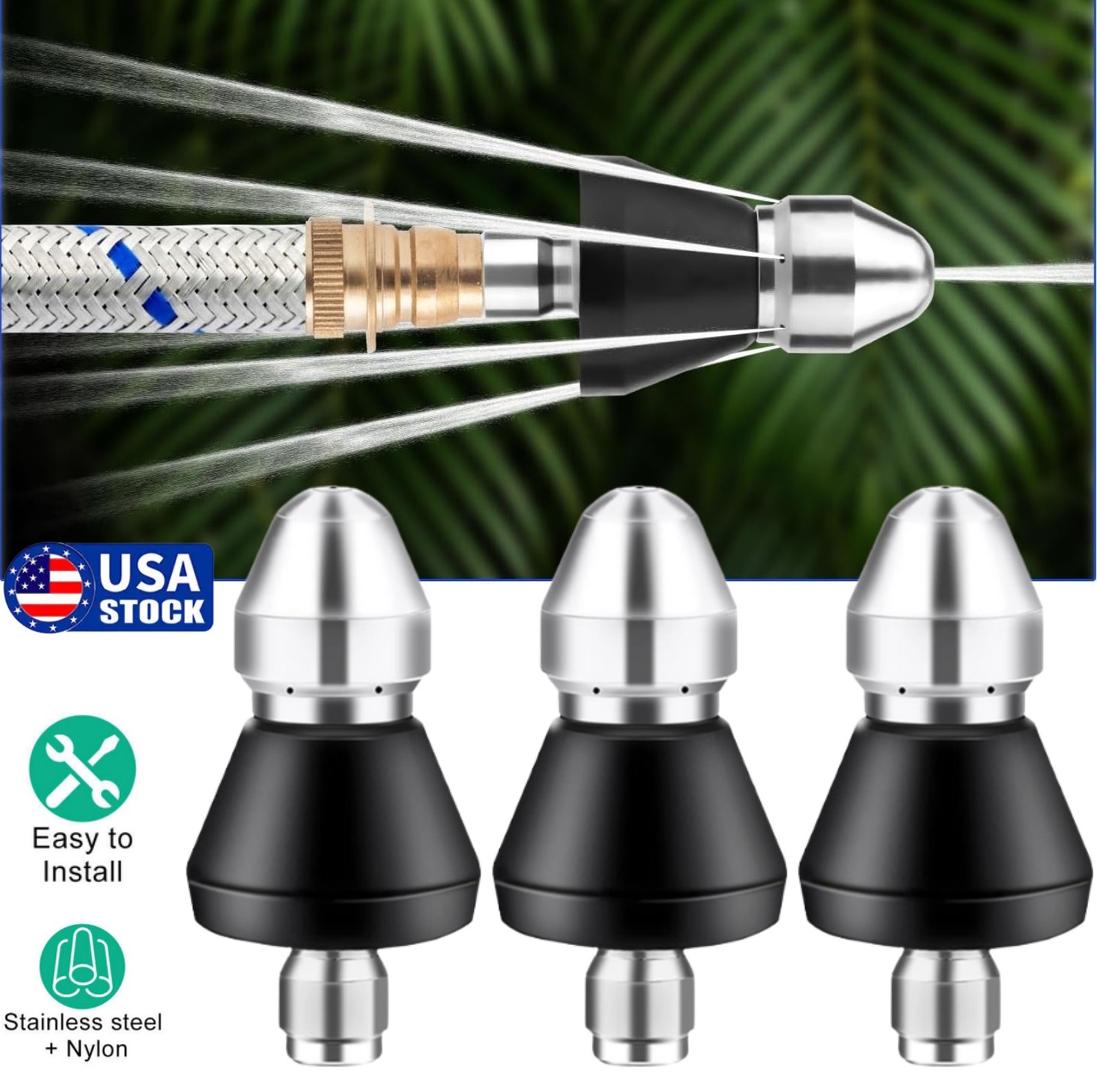 3× Sewer Cleaning Tool High-pressure Nozzle 5000psi Pipe Cleaner 1/4″ Connector