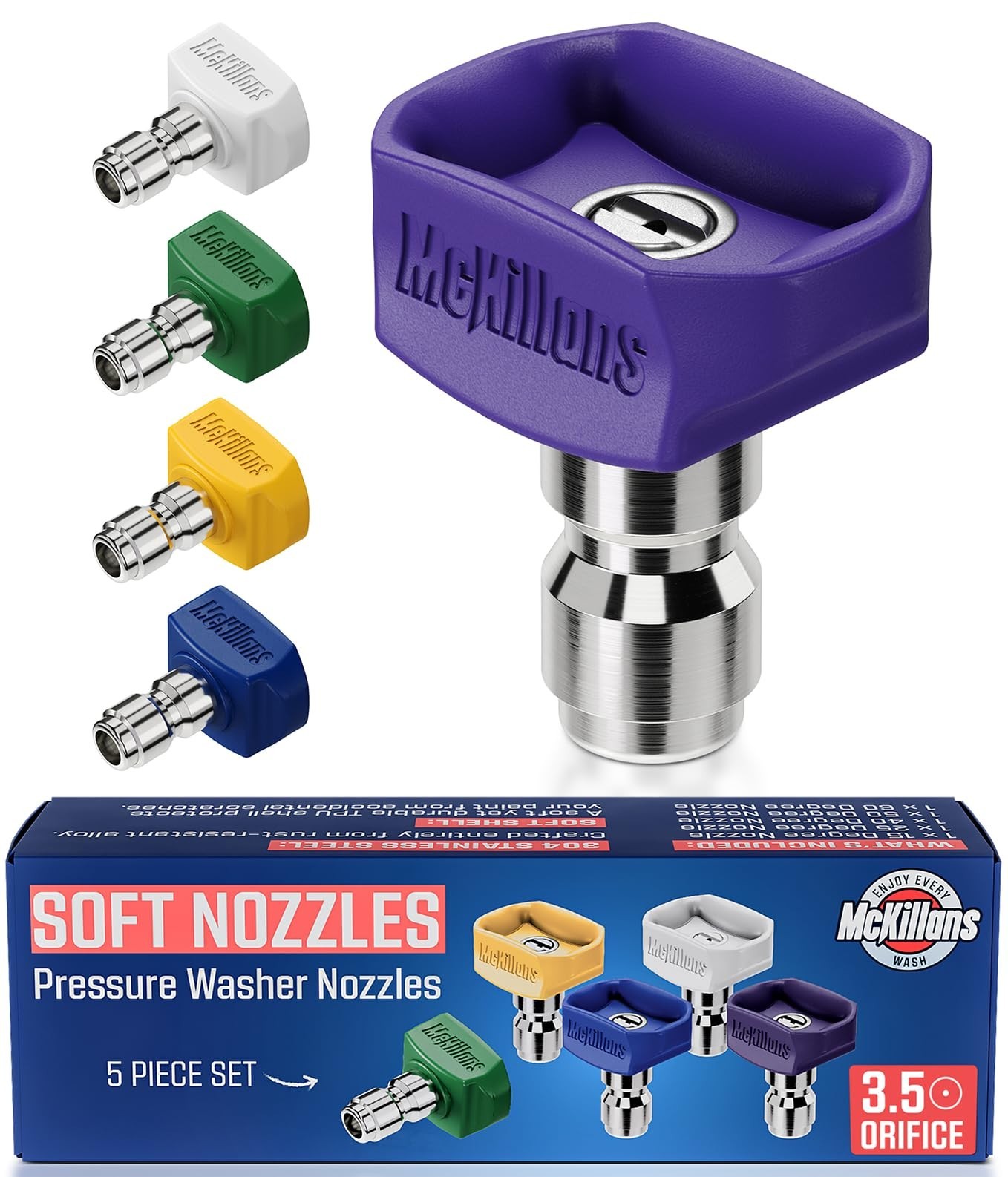 Soft Pressure Washer Nozzle Tips Set – Fast Rinse, 60° 50° 40° 25° 15° Angles, E