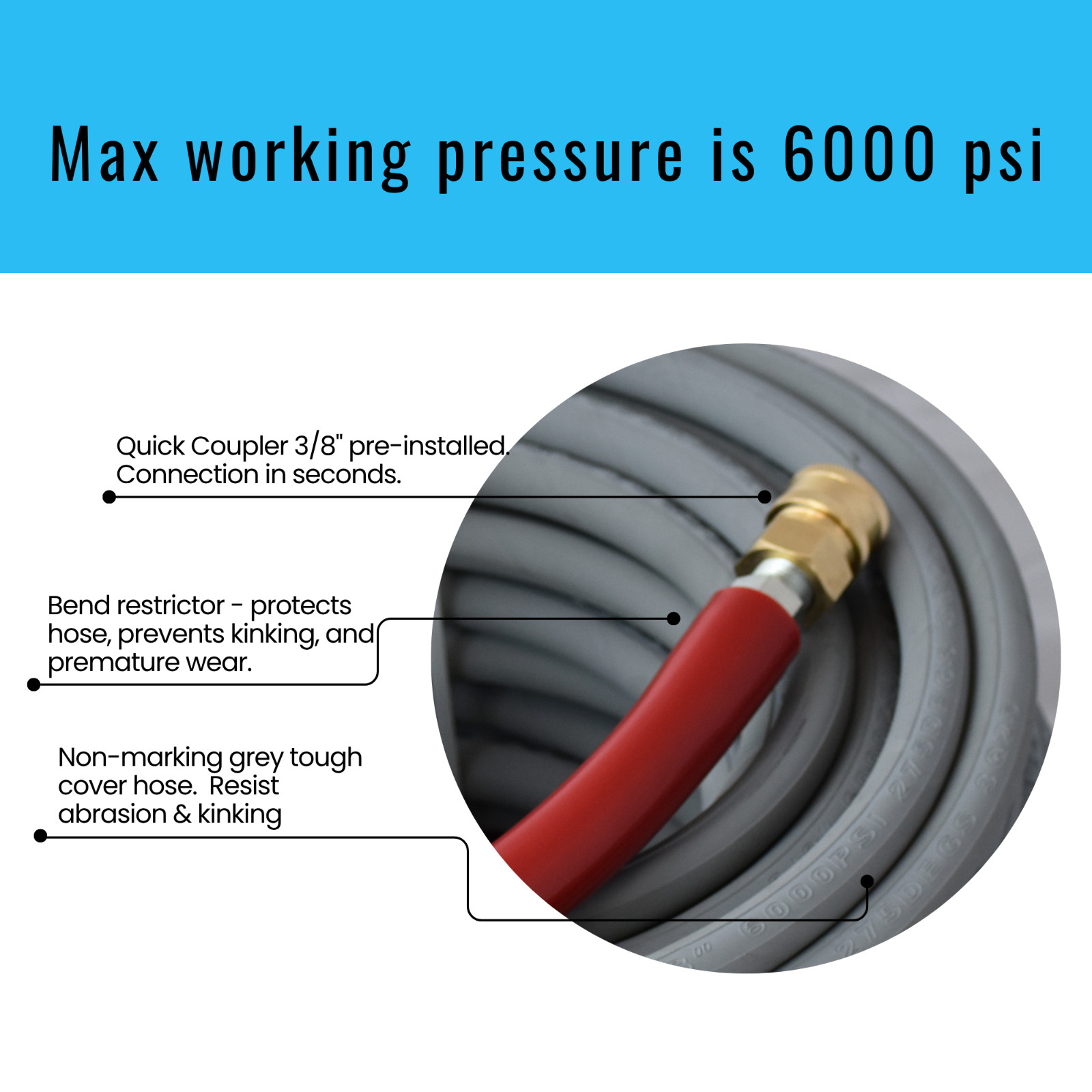Raptor Blast 3/8″ x 100ft Pressure Washer Hose 6000 PSI Gray Non-Marking USA
