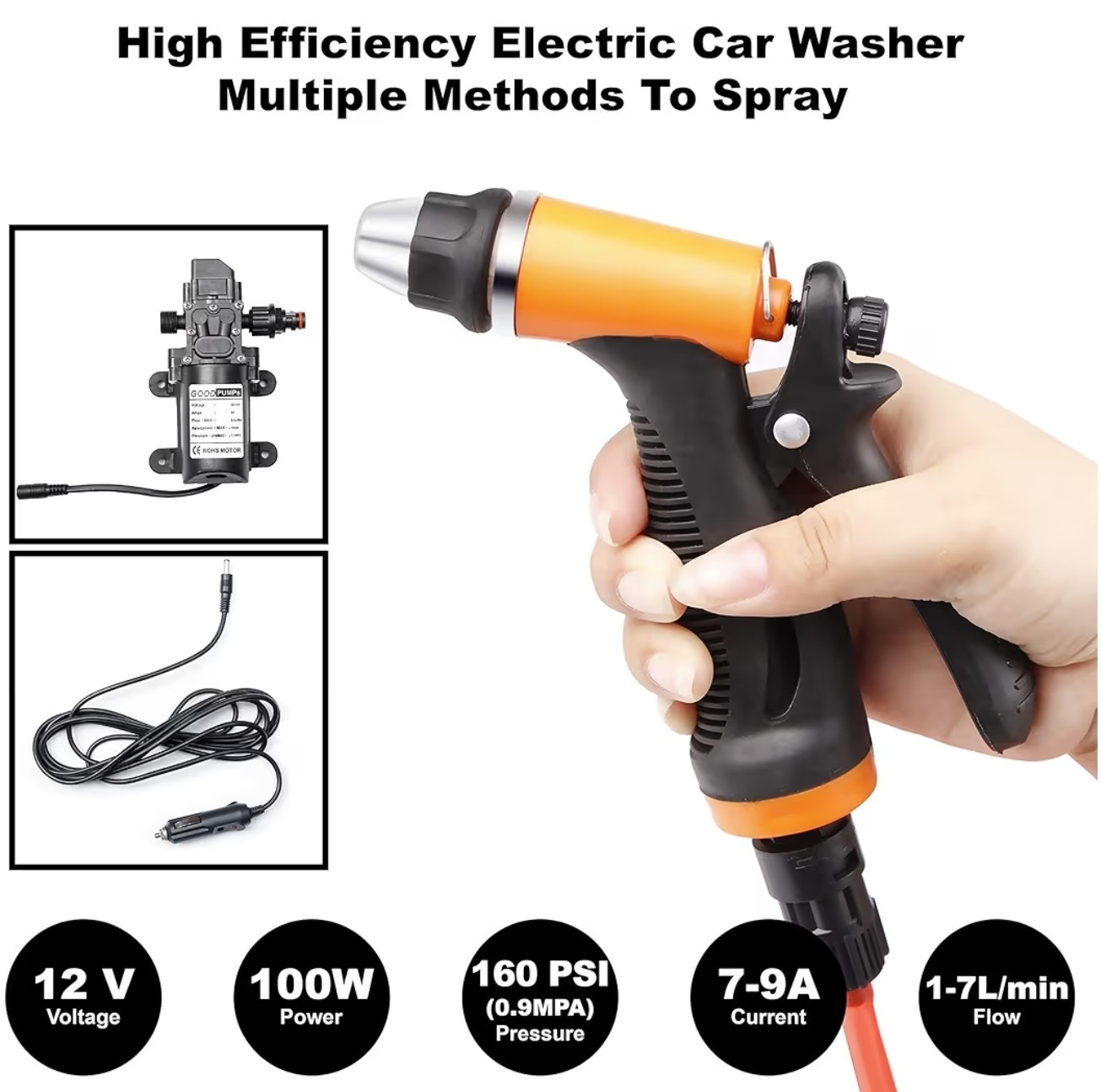 Portable 12V 160psi Pressure Washing Kit w/ Hoses,Pump,Sprayer for Marine,Car,