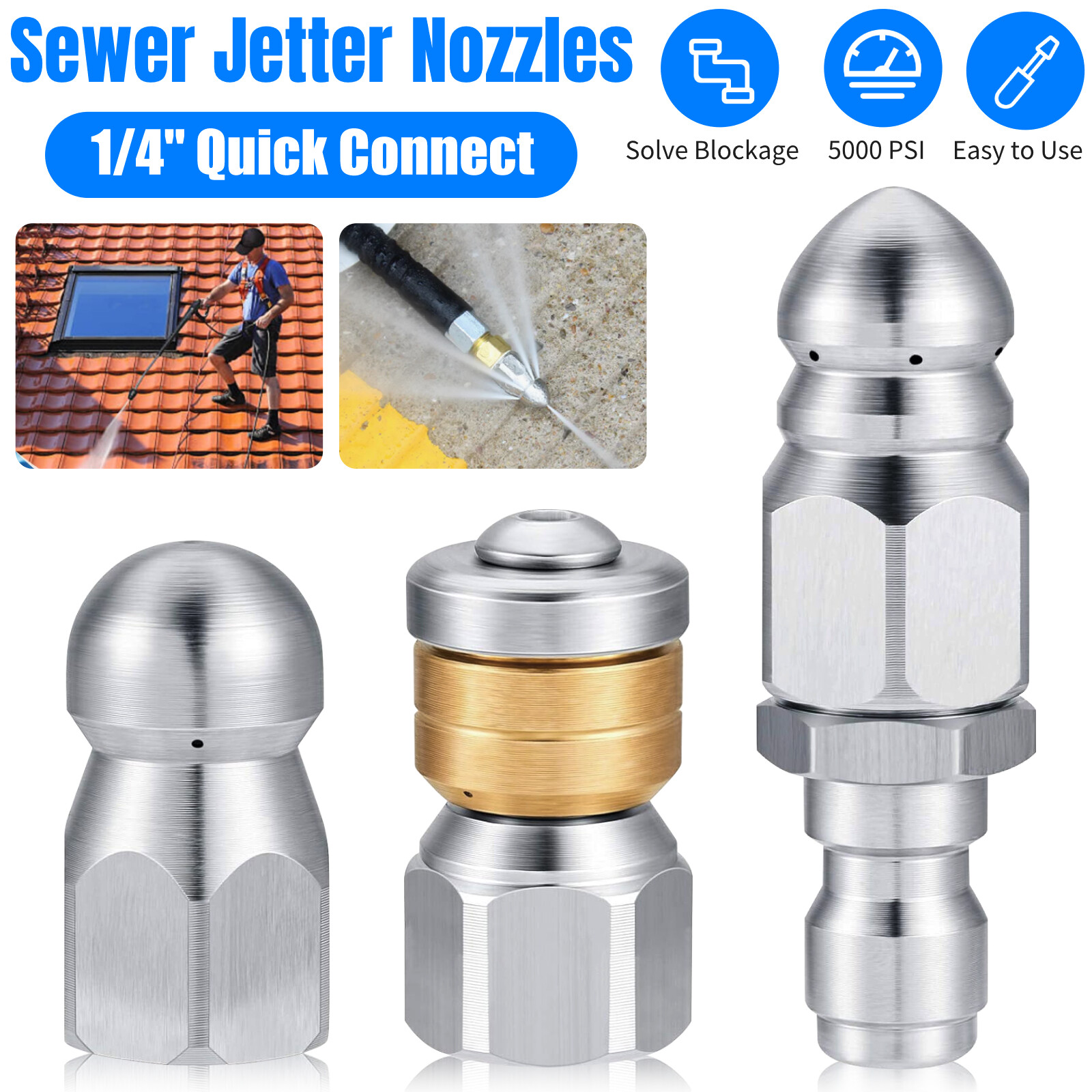 3Pcs Sewer Jetter Nozzle Drain Jet Pressure Washer 1/4” Quick Connect 5000 PSI