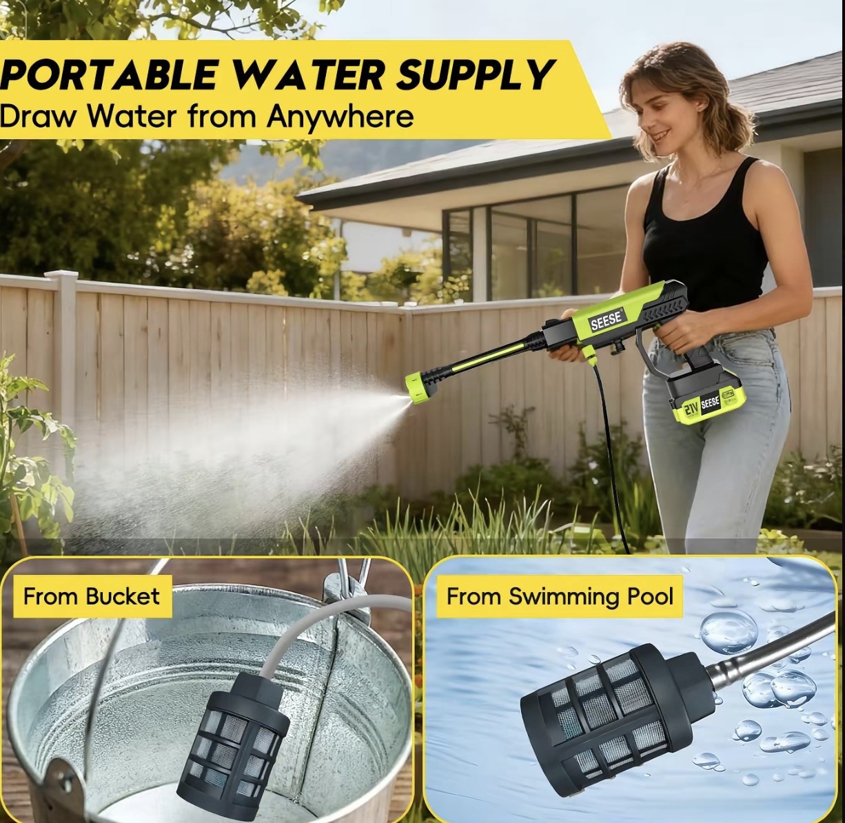 SEESE 1000 PSI Cordless Pressure Washer for Car & Garden with Charger Base