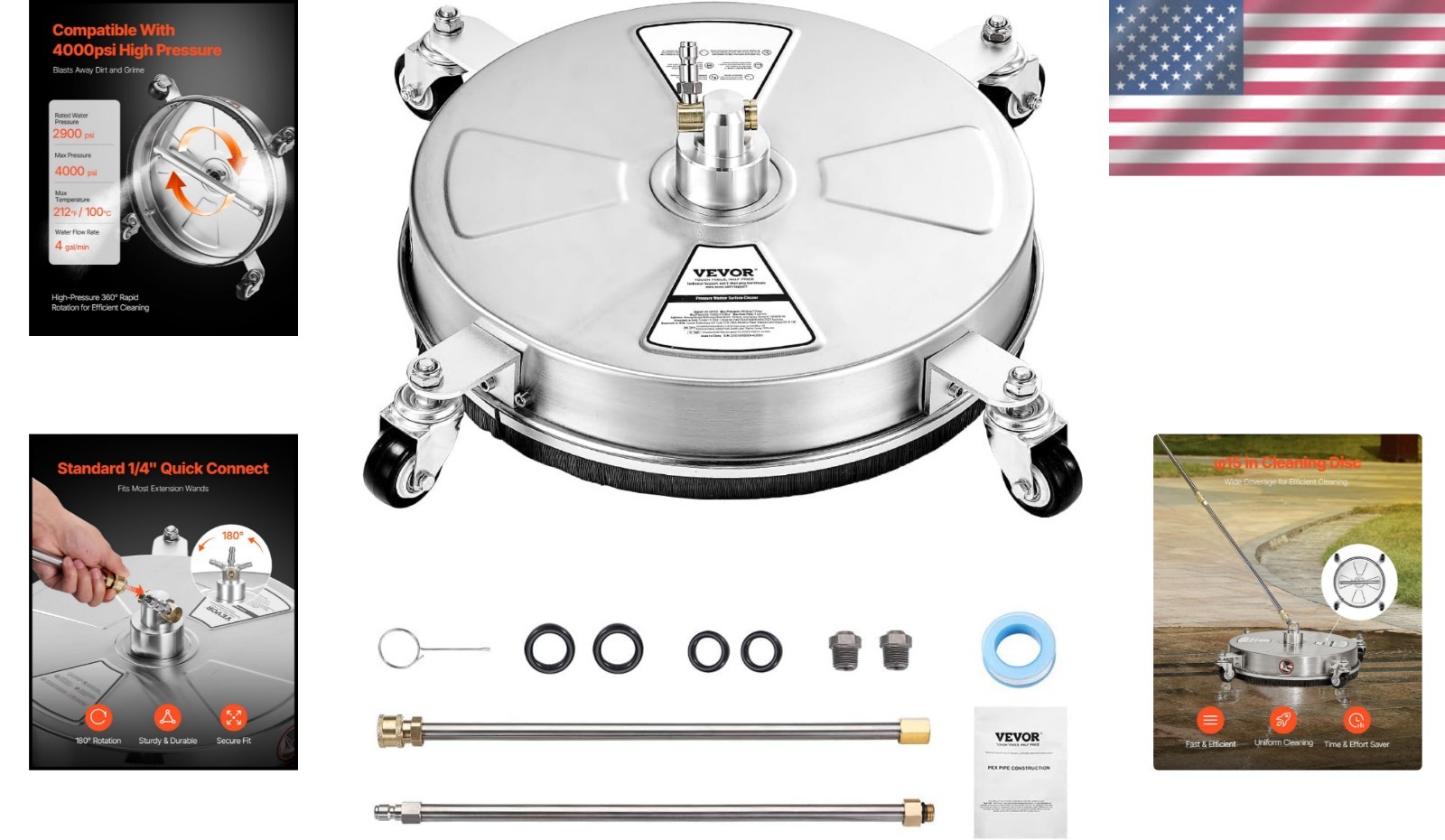 15 Inch Pressure Washer Surface Cleaner 4000PSI Power Washer Attachment for Deck