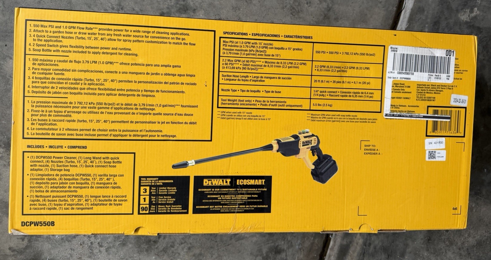 DEWALT 20V MAX 550 PSI Cold Water Pressure Washer (Tool only) (DCPW550B)
