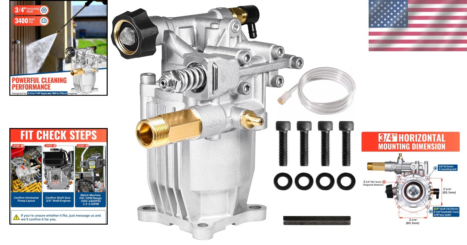 Pressure Washer Pump 3/4 Inch Shaft 3400 PSI 2.5 GPM Replacement for Gas Powe…