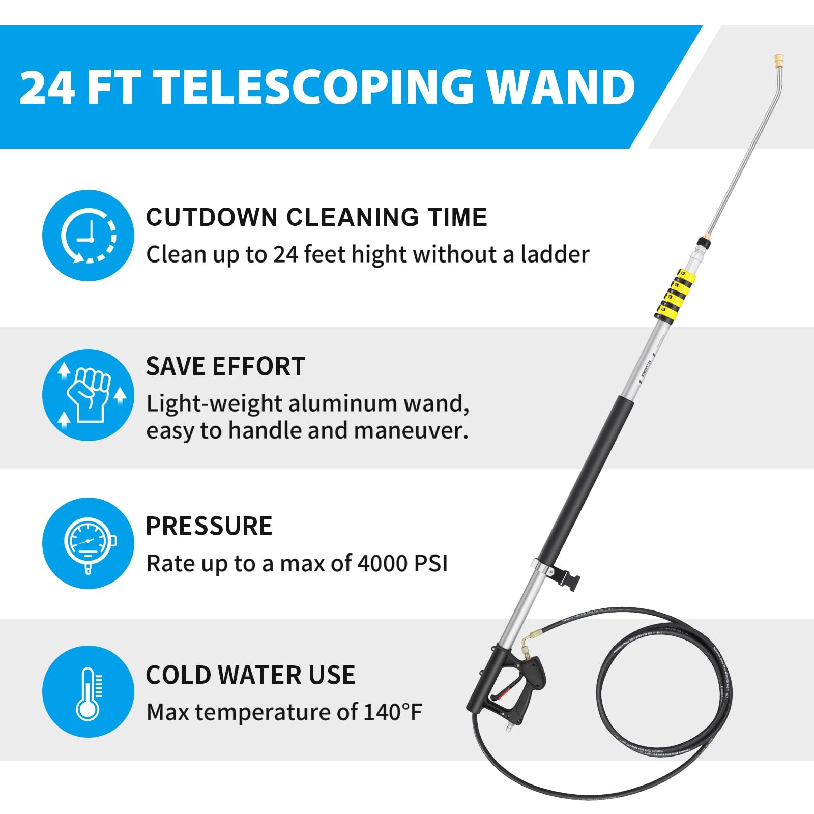 24 FT Telescoping Pressure Washer Wand Extension, Aluminum Power Washer Exten…