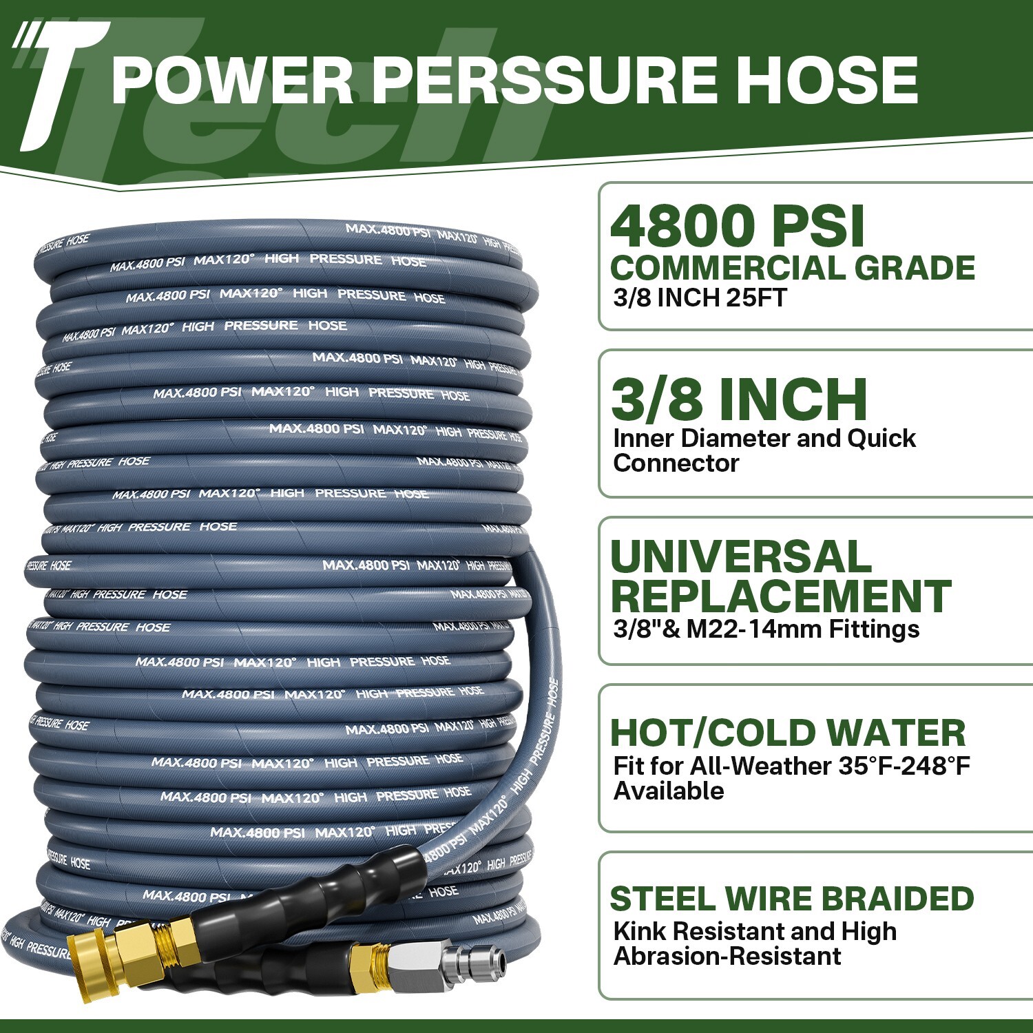 5000PSI Pressure Washer Gun 25FT Pressure Washer Hose Kit W/ 15″ Extension Wand