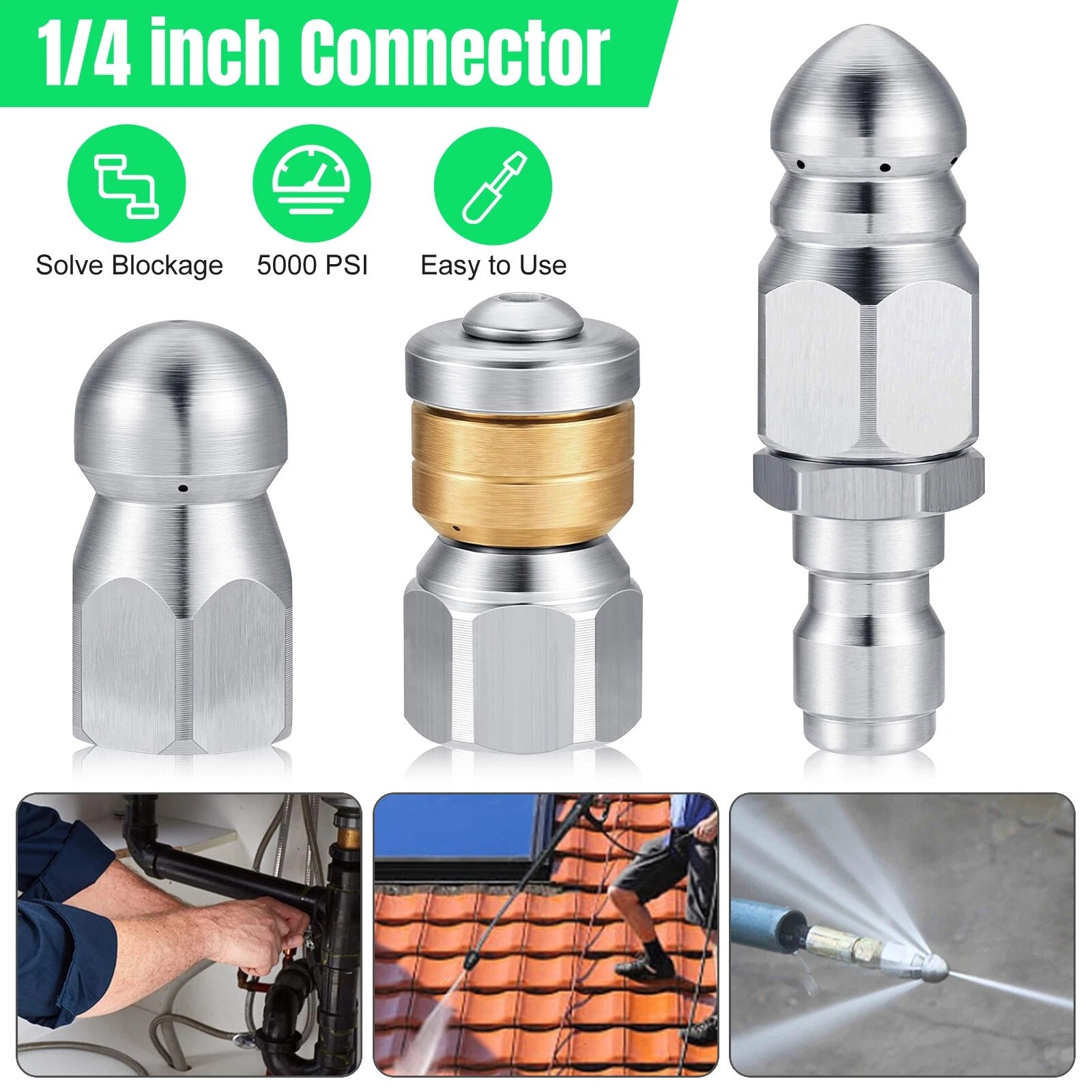 3PCS 5000PSI Pressure Washer Sewer Jetter Nozzles Drain Cleaning Hose Nozzle Tip