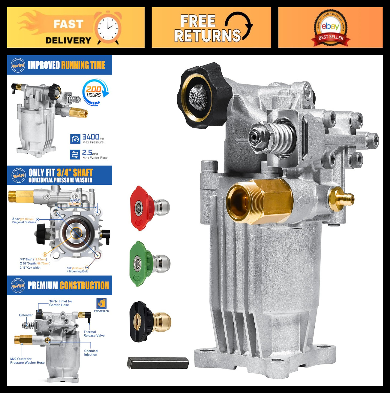 3/4″ Shaft Horizontal Pressure Washer Pump 2600-3400 PSI 2.5 GPM – Gas Power Was