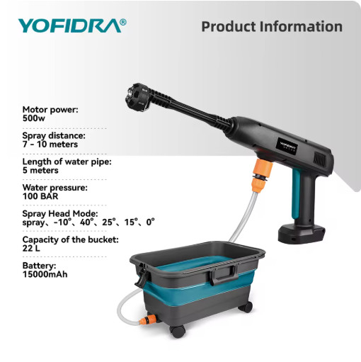 YOFIDRA 100Bar Pressure Washer 500W Spray Gun 22L Bucket for Makita