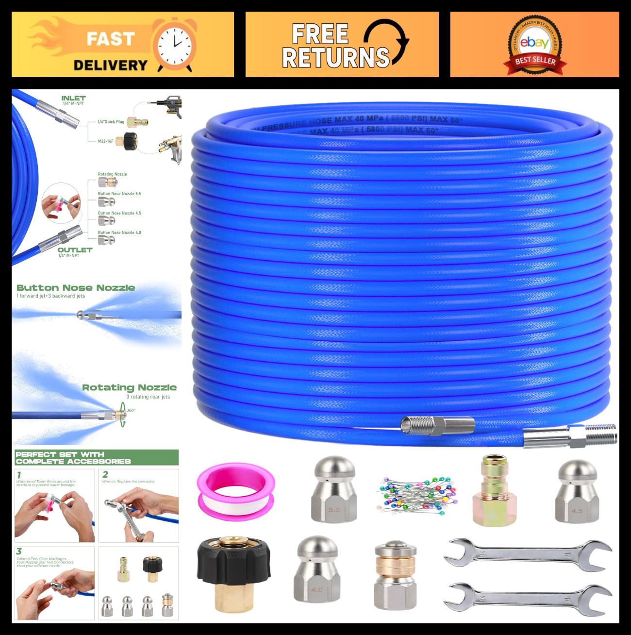 150FT Sewer Jetter Kit for Pressure Washer, 5800 PSI Drain Cleaner Hose & Nozzle