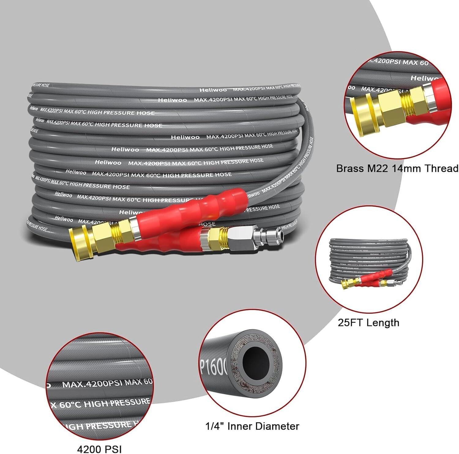 Heliwoo 25FT 4200PSI Pressure Washer Hose 1/4″ Flexible Wire Power Washer Hose