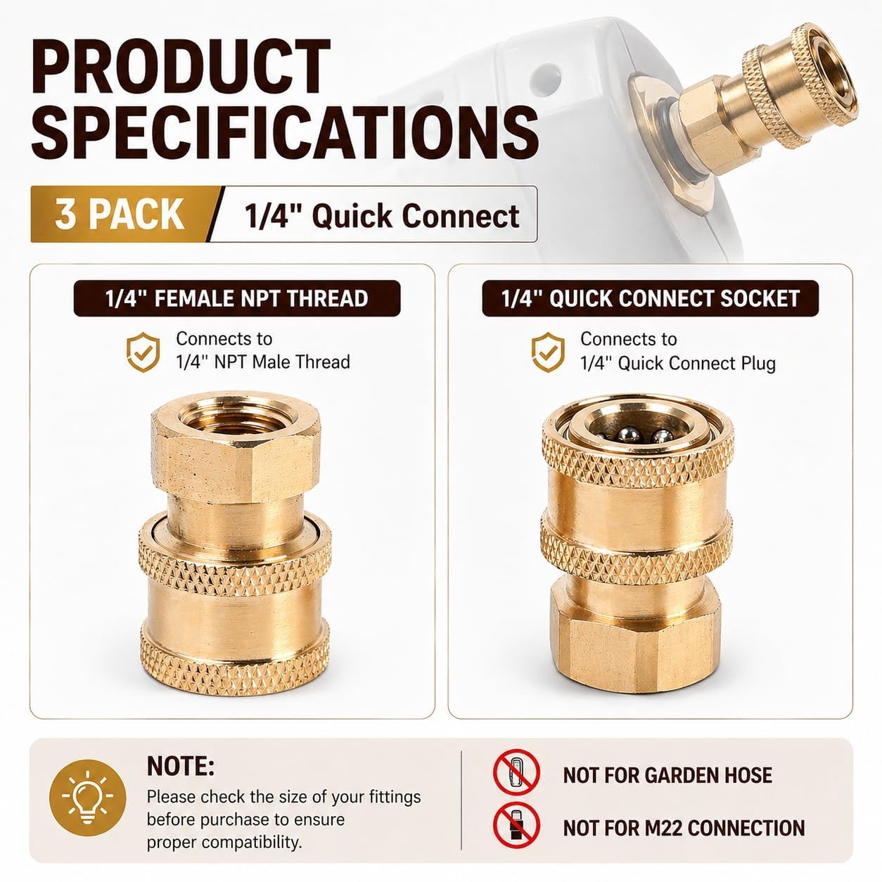 3 PCS Pressure Washer Fittings Brass 1/4 Inch Quick Connect Female NPT
