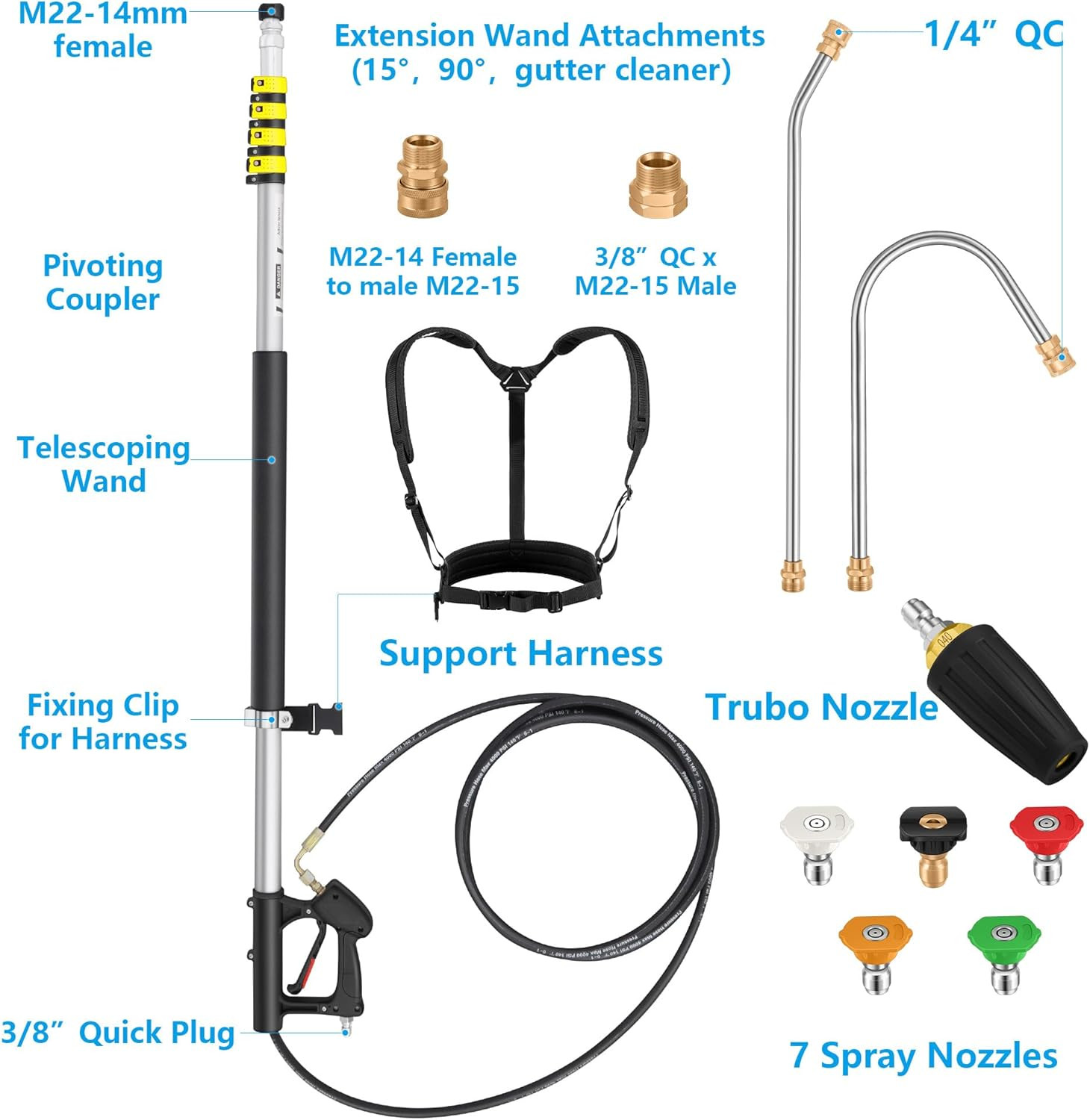 24 FT Telescoping Pressure Washer Wand Extension, Hot Water Supported Power Wash