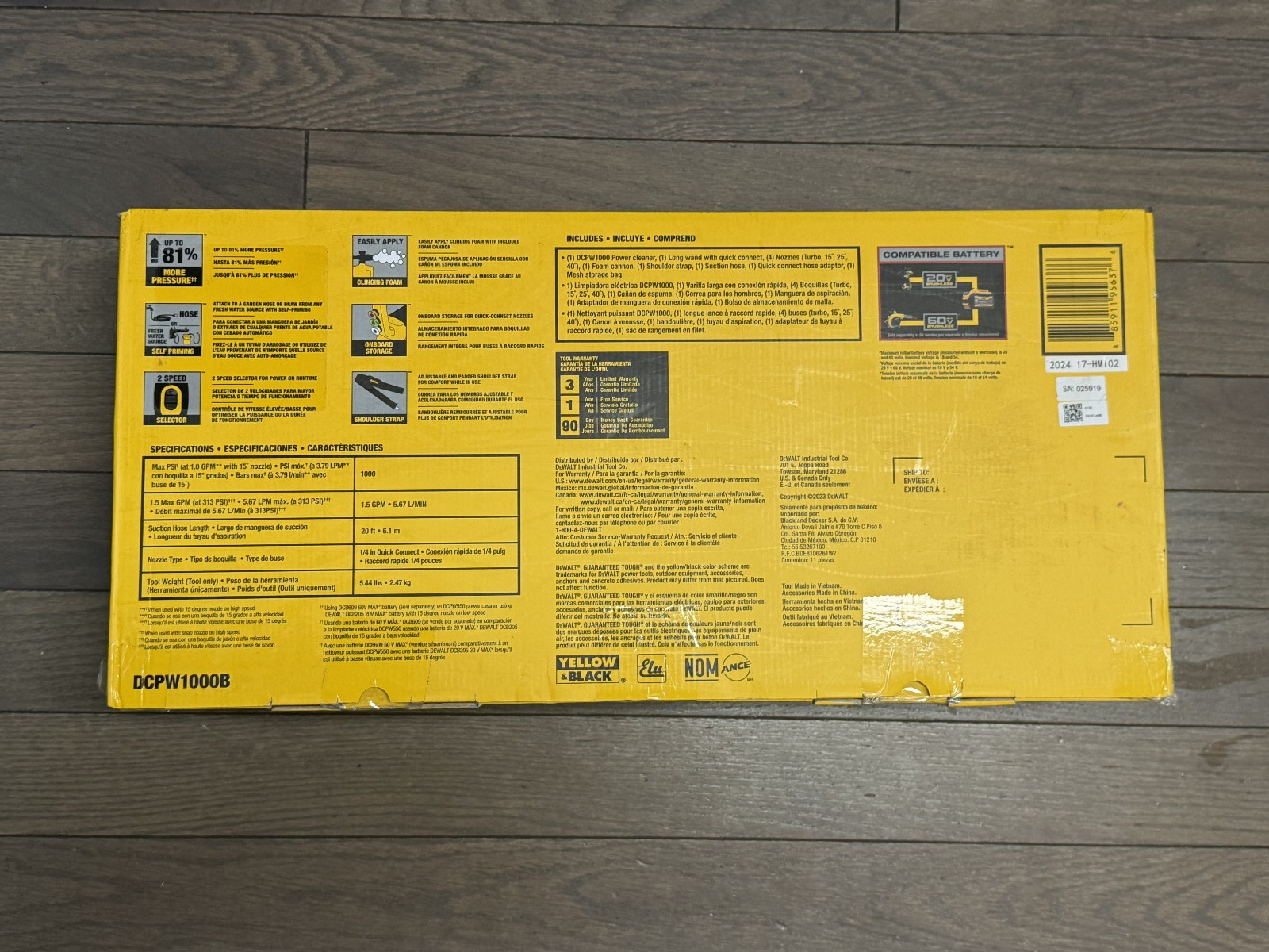 NEW DEWALT BRUSHLESS POWER CLEANER 60V MAX 1000 MAX PSI TOOL ONLY DCPW1000B