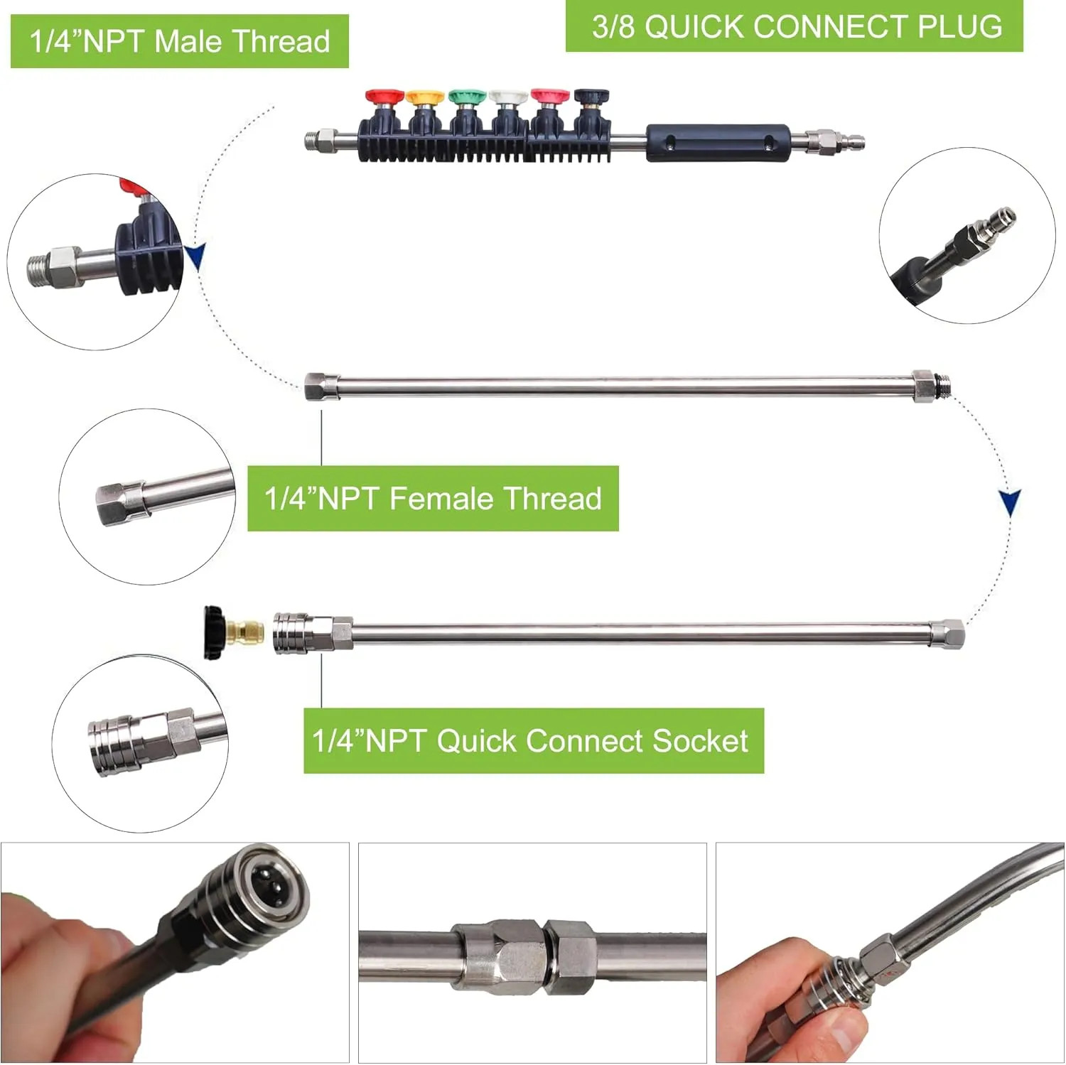 9 Pack Pressure Washer Extension Wand Set 4000 PSI With 6 Nozzle Tips Curved Rod