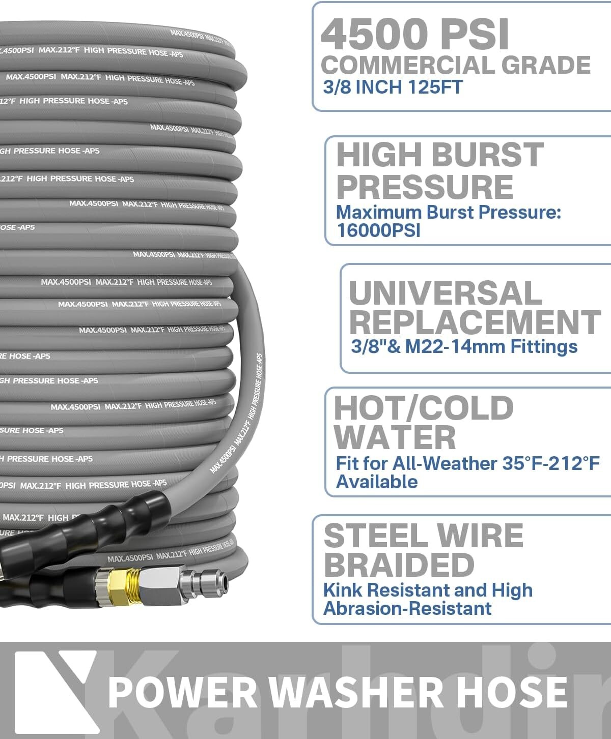 125FT 3/8″ Pressure Washer Hose 4500PSI 2-Braid Hot Water Hose Swivel QC Adapter