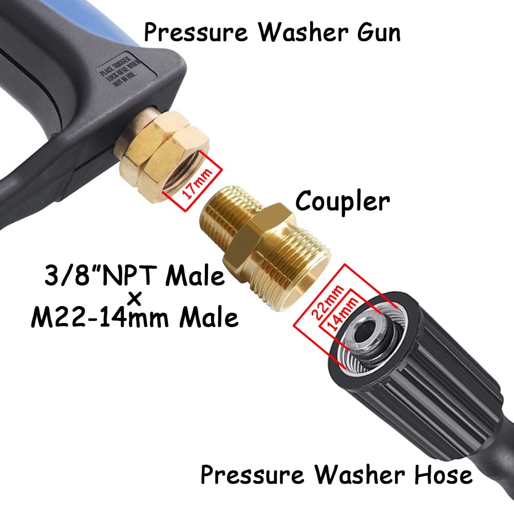 2PCS Brass Pressure Washer Coupler, M22-14mm Male, 3/8″ NPT Male, 4500PSI, Hex