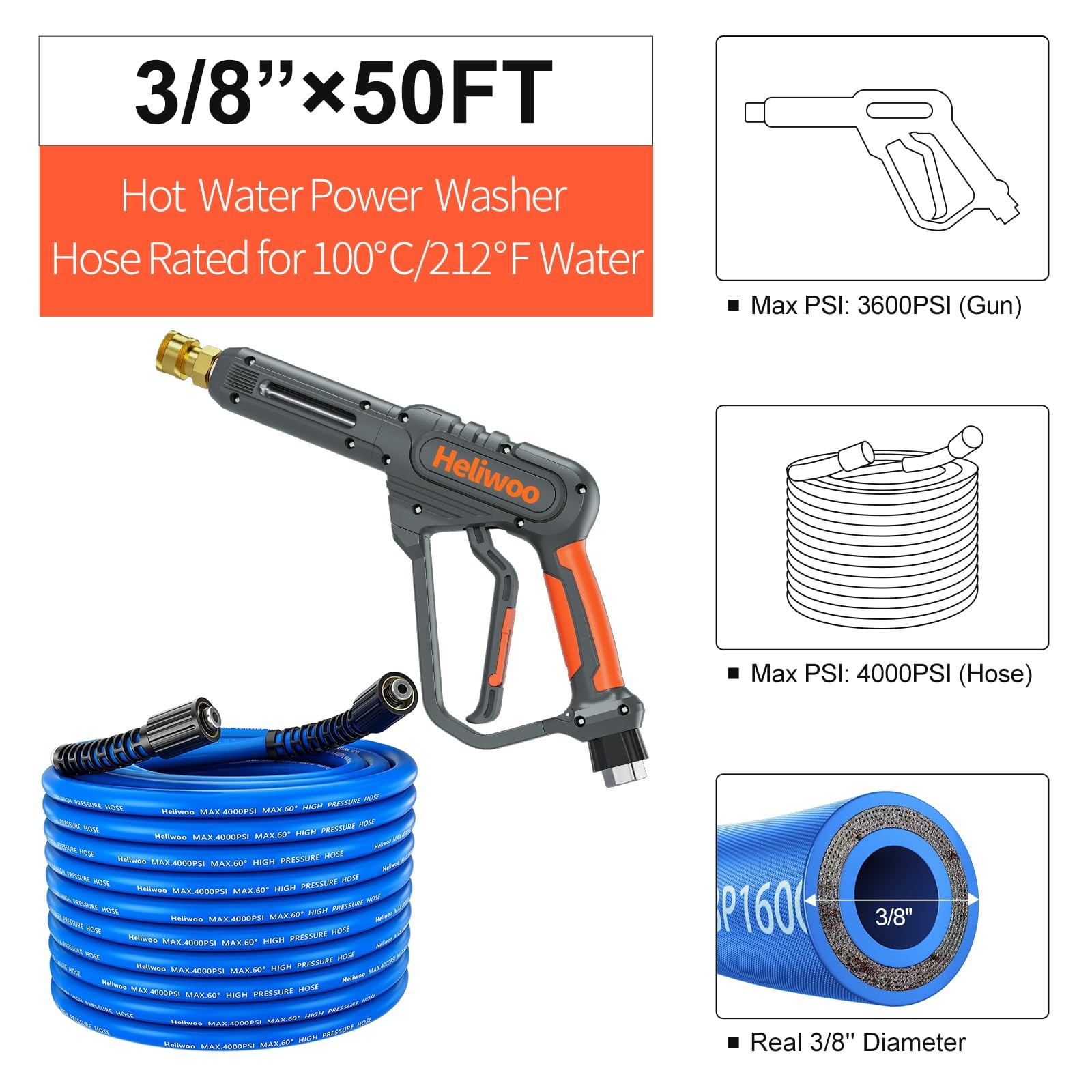 Pressure Washer Gun and Hose 3600 PSI, 50 FT Power Washer Hose, Extension Wan…