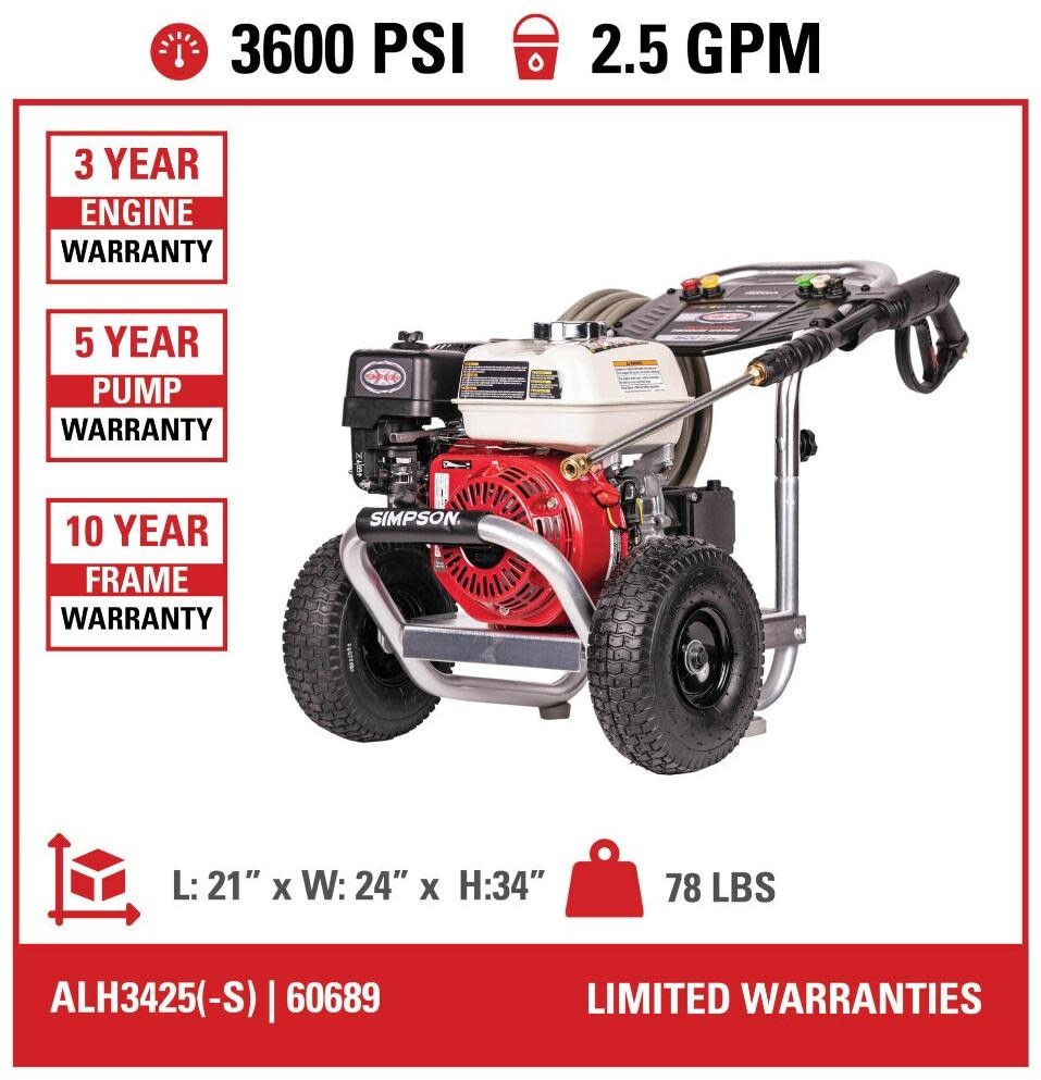 Simpson 60689 3600 PSI 2.5 GPM Gas Powered Cold Water Pressure