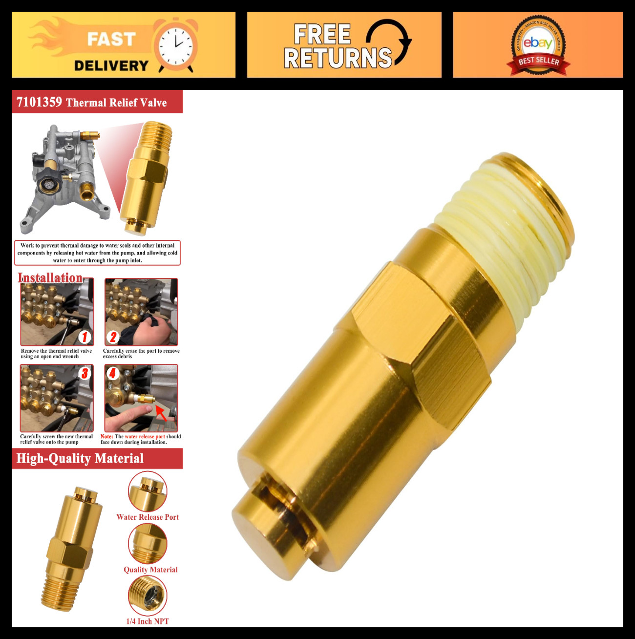 Thermal Relief Valve for Gas Pressure Washer Pumps, 1/4 Inch NPT, High-Performan