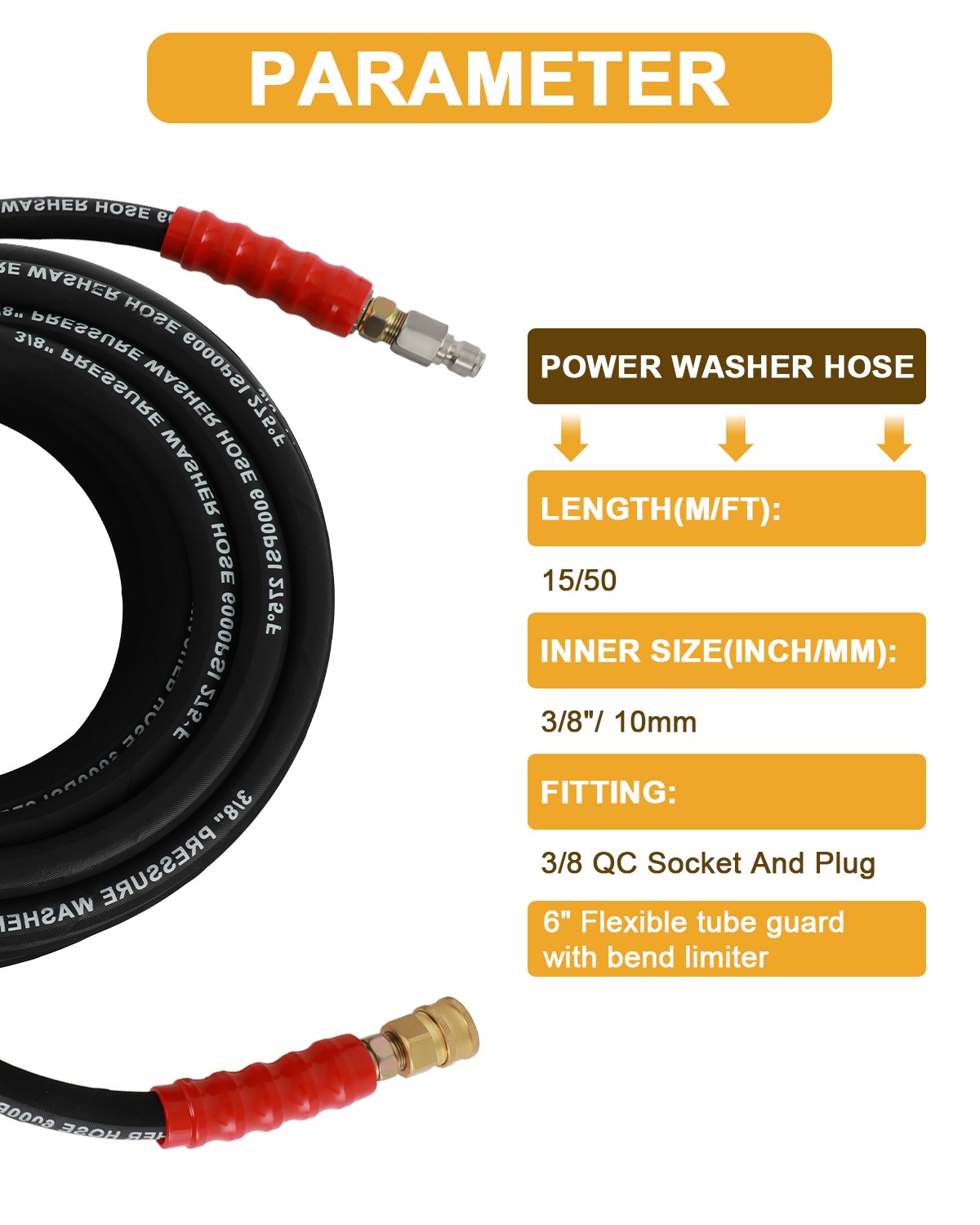 6000 PSI Pressure Washer Hose 3/8″ x 50ft / 100ft Non-Marking R2 Rating 2 Wire