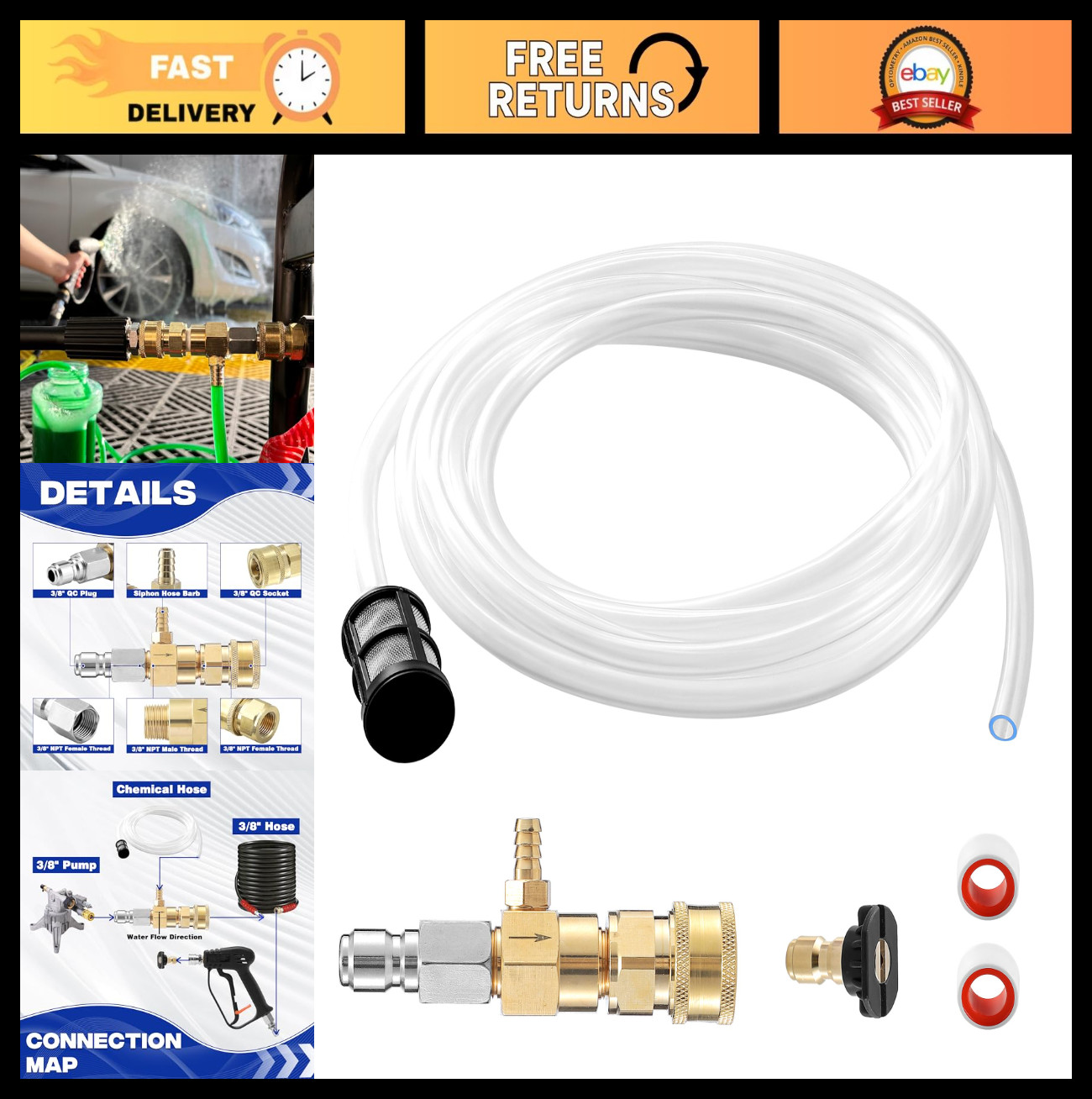 Pressure Washer Downstream Injector Kit, 3/8″ Quick Connect, 10ft Hose, 3-5 GPM