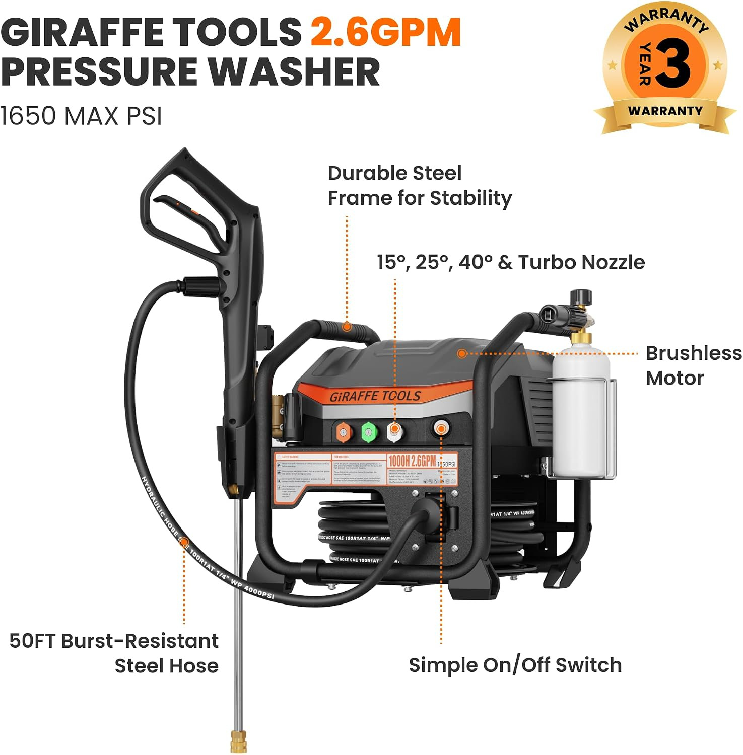 Crossfalls Retractable Pressure Washer Ultra, Max 2.6GPM 1650PSI with Brushless