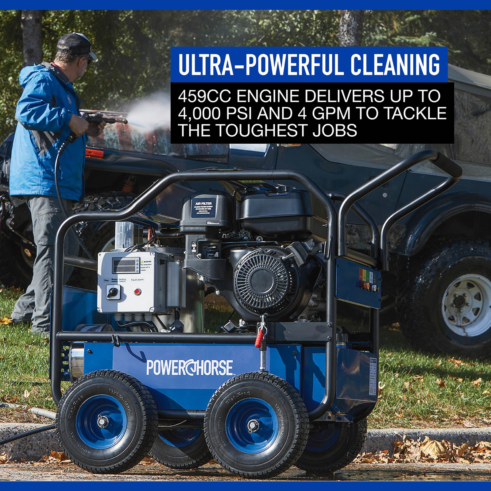 Powerhorse Gas Hot Water Pressure Washer with Diesel Heater, 4000 PSI, 4 GPM,