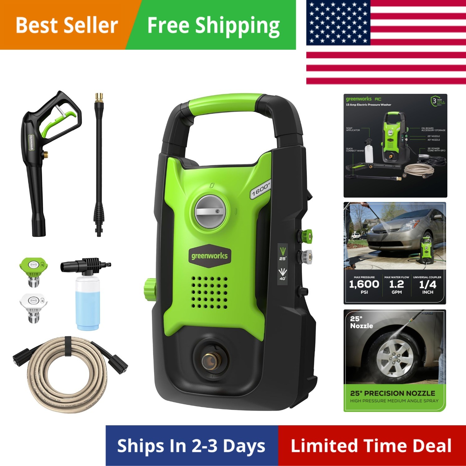 Compact Electric Pressure Washer, 1.2 GPM Certified, Lightweight, 20 FT Tang…