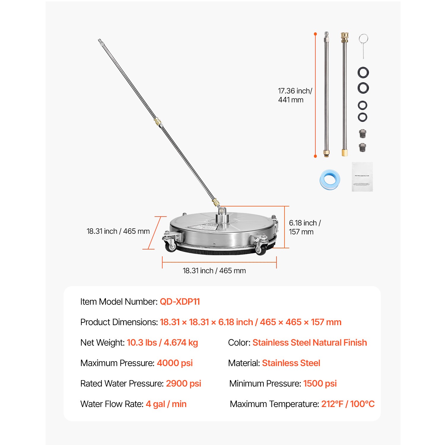 Uimoso 18″ Pressure Washer Surface Cleaner 4Wheels 4000 Max PSI 2 Extended Wands