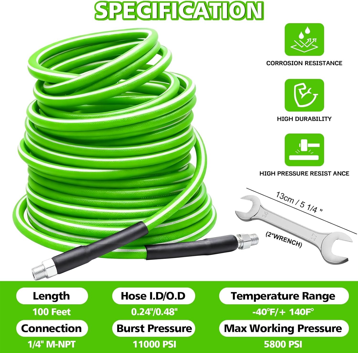 Sewer Jetter Kit 100 FT for Pressure Washer, 5800 PSI Drain Cleaner Hose 1/4 Inc