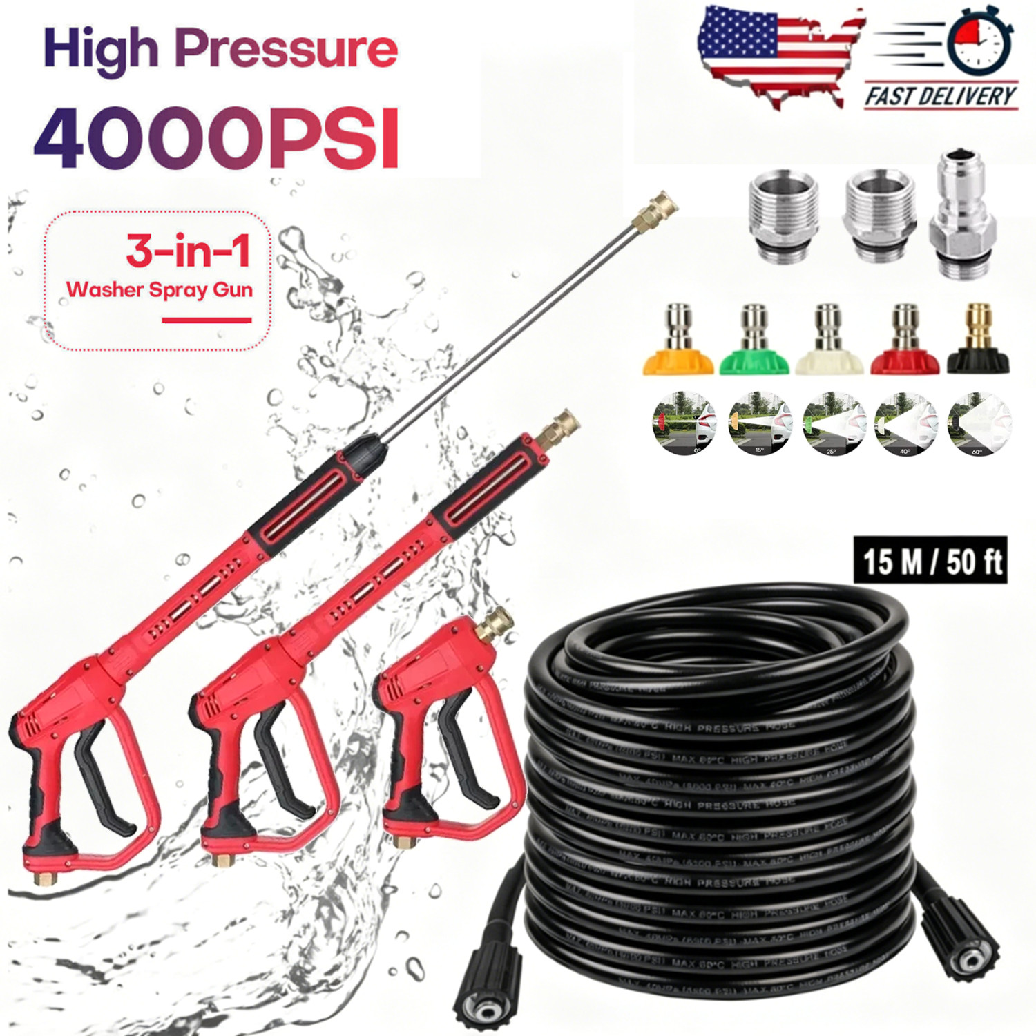 High Pressure 4000PSI Car Power Washer Gun Spray Wand Lance Nozzle/50Ft Hose Kit