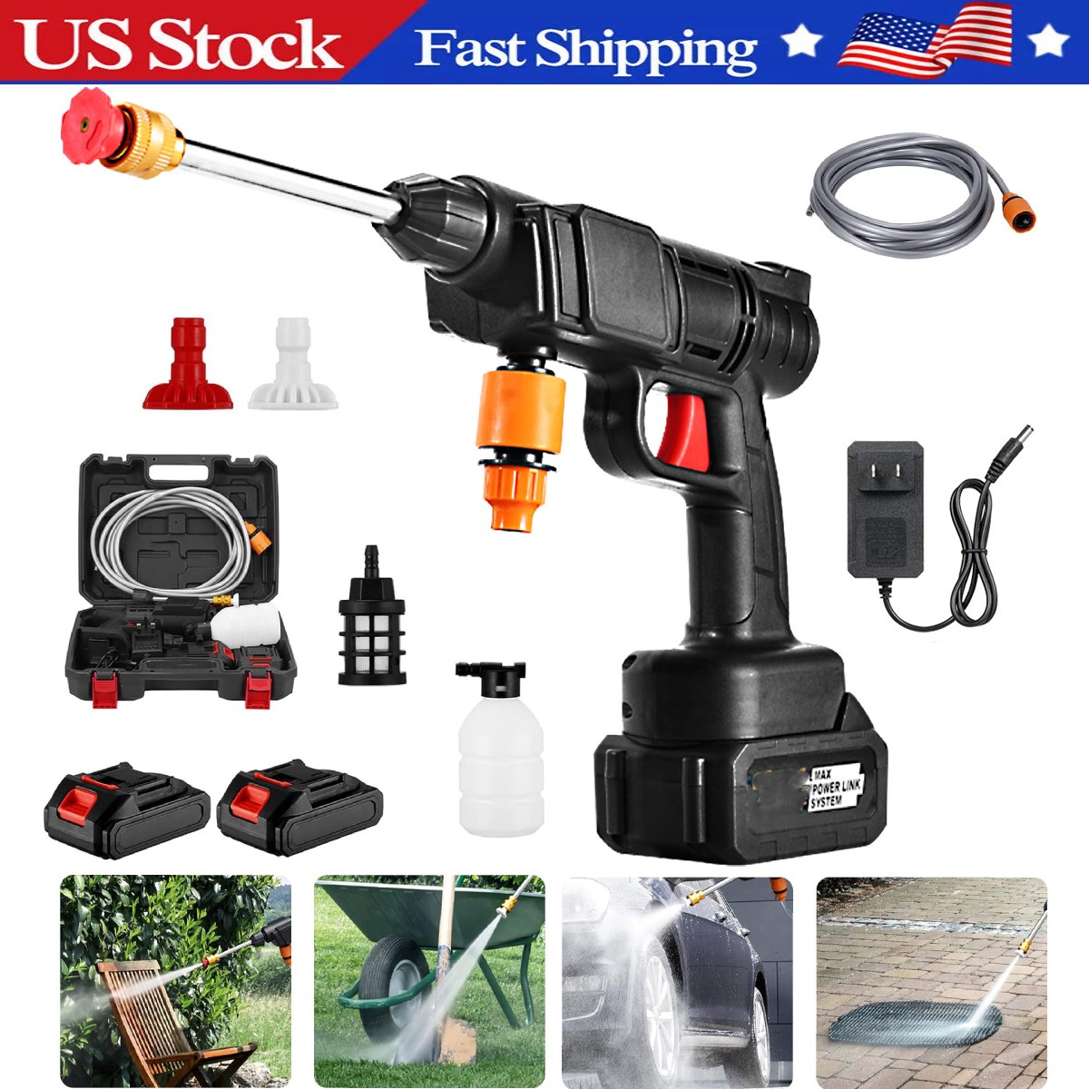 Portable Cordless Electric High Pressure Water Spray Car Gun Washer Cleaner Yard