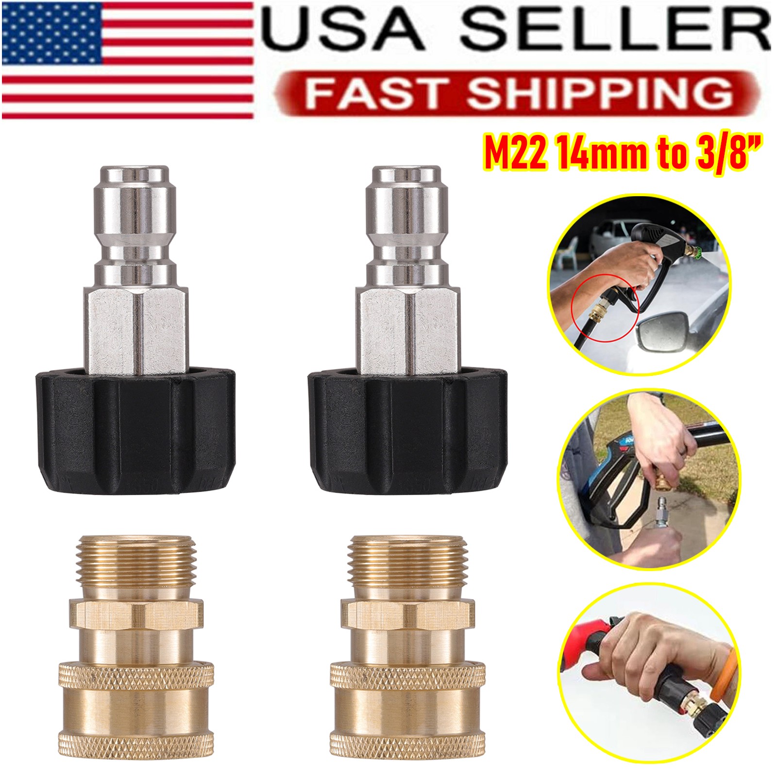 4 X Pressure Washer Adapter Set M22 14mm to 3/8 Inch Quick Connect Fittings