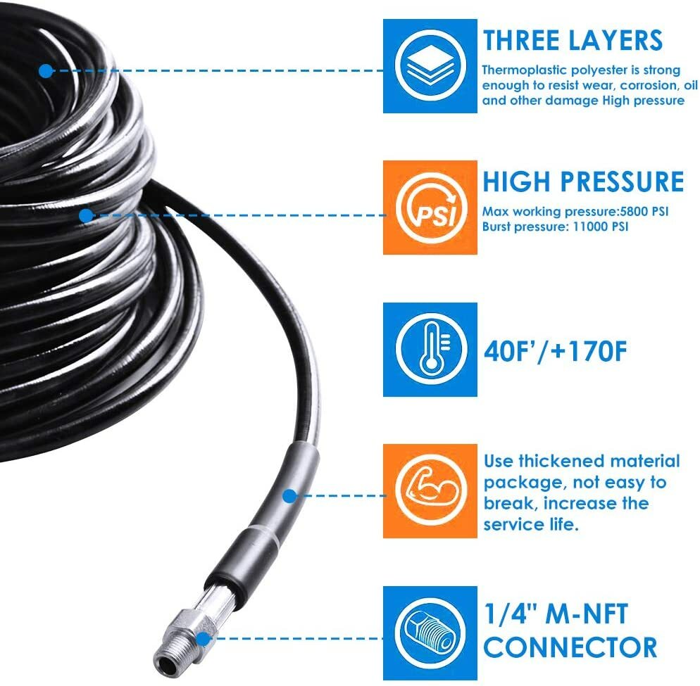 5800PSI 100FT Sewer Jetter Nozzles Kits Drain Cleaning Hose Pressure Washer