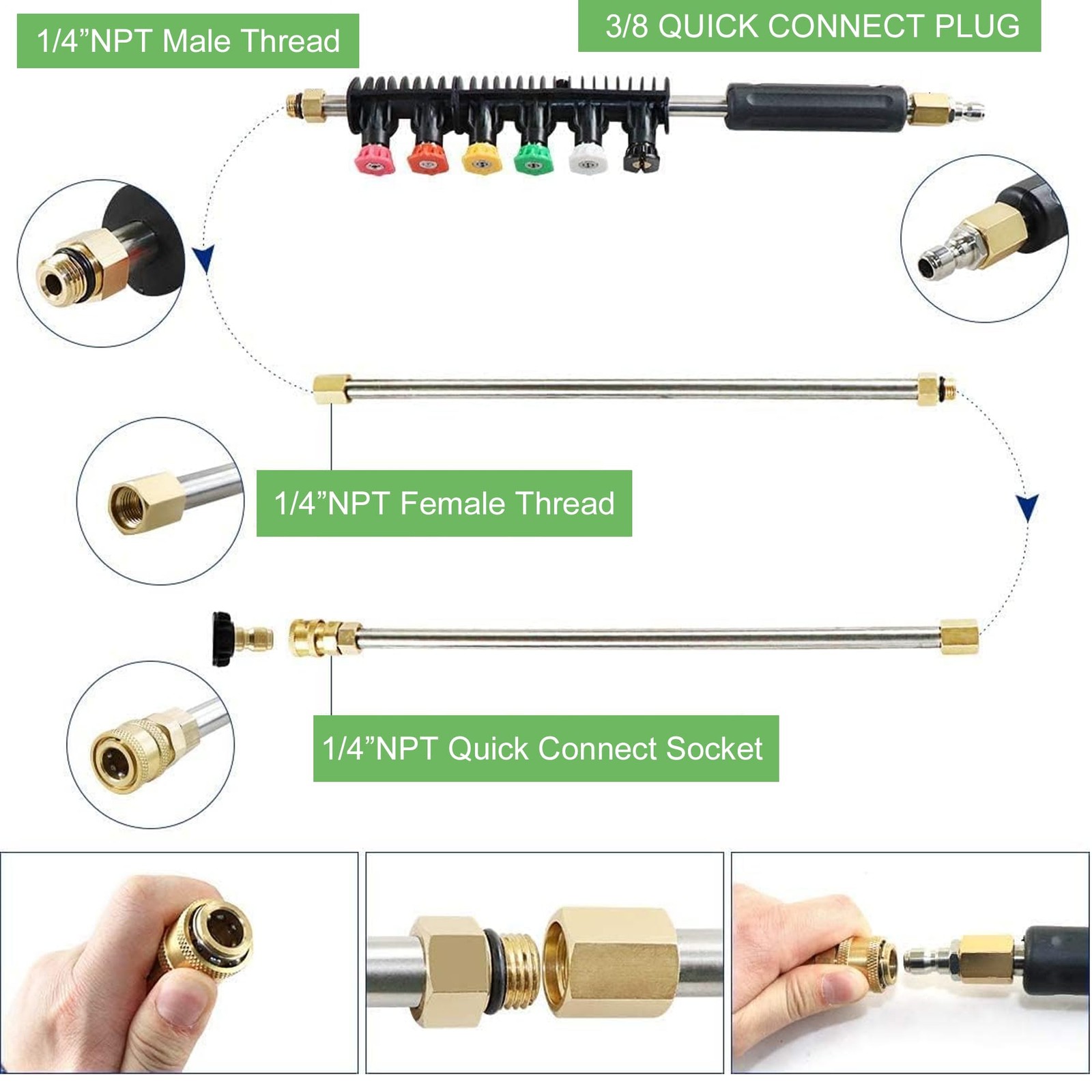 9 Pack Pressure Washer Extension Wand 6 Nozzles, 3 Curved Rods, 1/4 QC,4000 PSI