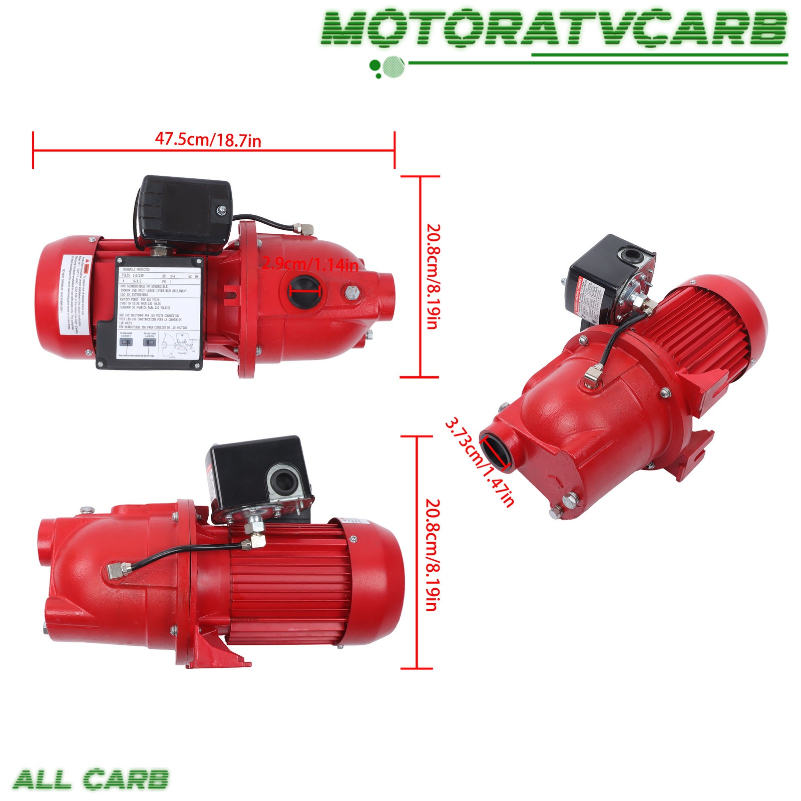 ALL-CARB 97080701 3/4 HP, 13 GPM Dual 115/230v Cast Iron Shallow Well Jet Pump