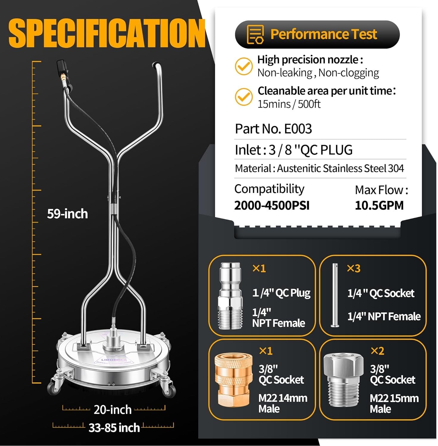 Stainless Steel 20″ Surface Cleaner for Pressure Washers – 10x Faster Cleaning