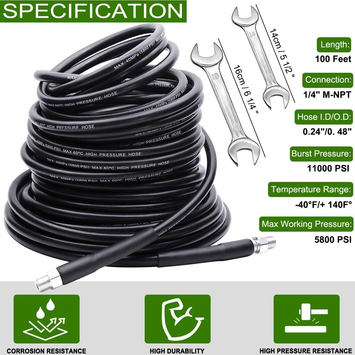High-Pressure 100FT Drain Cleaner Hose with Nozzles for Pressure Washer Use