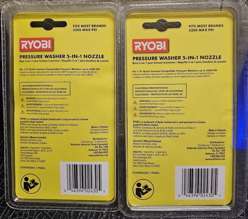 (2)-RYOBI 5-in-1 3,300 PSI GAS or ELECTRIC PRESSURE WASHER NOZZLES -NEW SEALED
