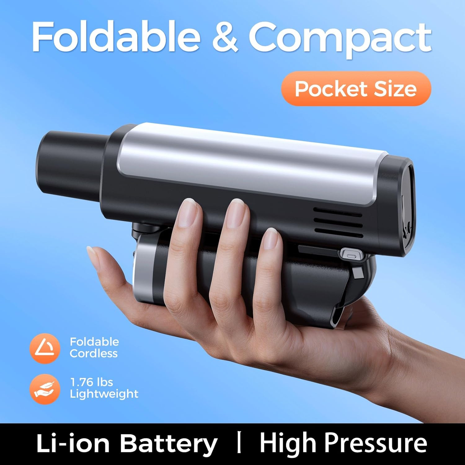 Foldable Pressure Washer Portable Battery Washer with 5-In-1 Nozzle, 3 Levels &