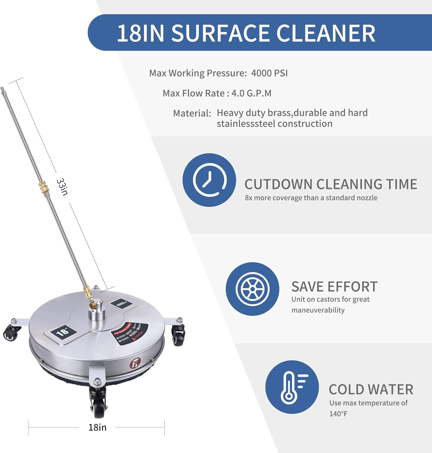 Biswing 18″ Pressure Washer Surface Cleaner with 4 Wheels, Stainless Steel Power