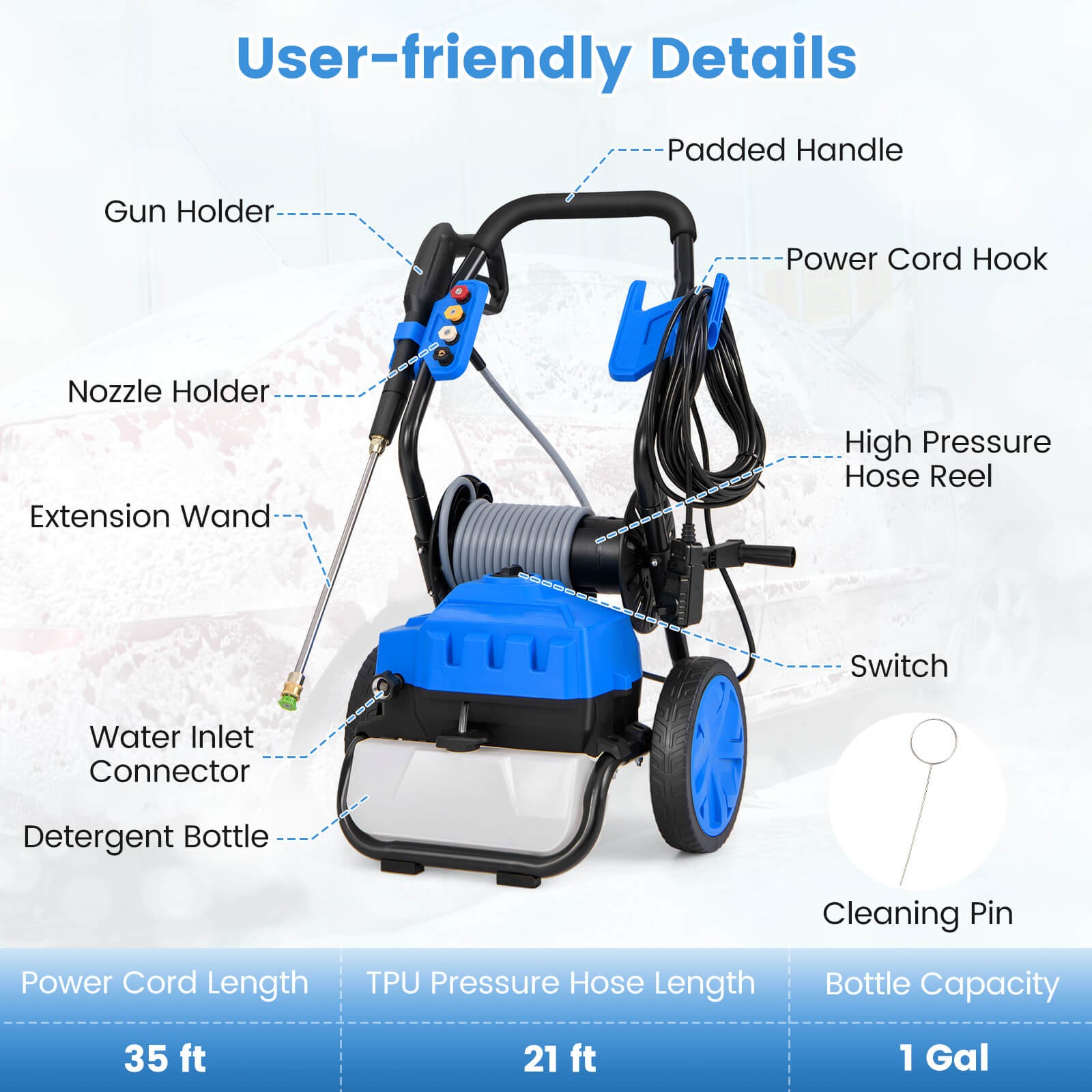 Electric Pressure Washer w/ Wheels 5 Quick Connect Nozzles Soap Bottle spray gun